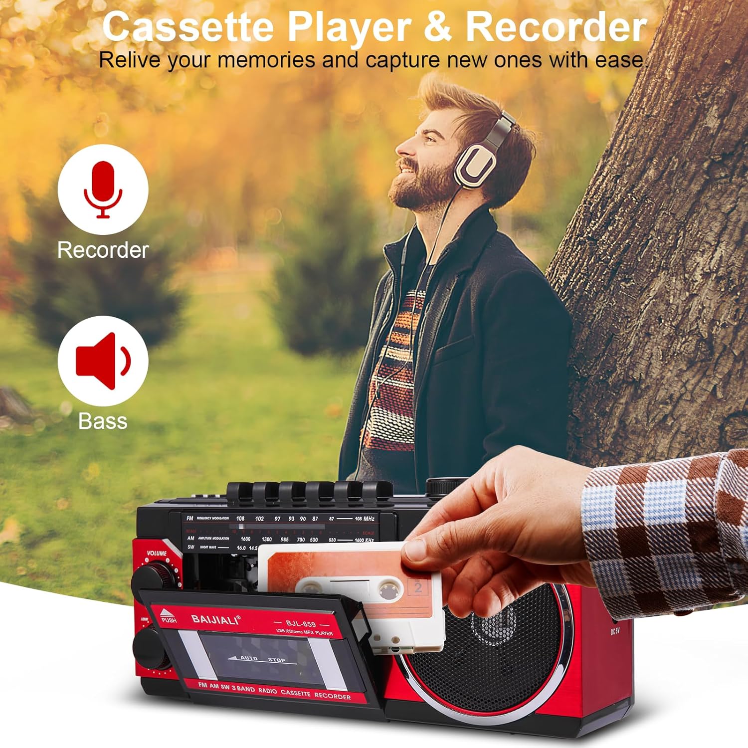 Portable Cassette Player with AM/FM/SW Radio & BT, Boombox for Home and Travel, Record from Radio, Play via SD/USB, Headphone Jack, AC/Battery Power - Image 6