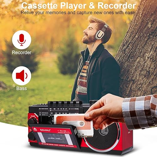 Miniatura 6 de Reproductor de casete portátil con radio AM/FM/SW y BT, Boombox para el hogar y viajes, grabación desde radio, reproducción a través de SD/USB,