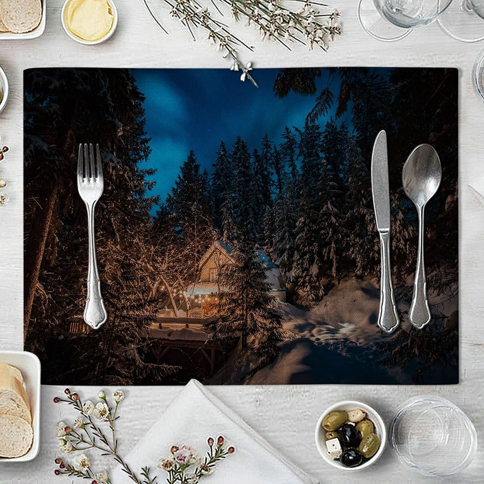 Tovagliette Cucina Lavabili, Set di 8 Tovaglietta Lavabile Colazione Cotone Lino Casa Sull'Albero di Natale Blu Verde Tovagliette Natale Colazione 32x42CM