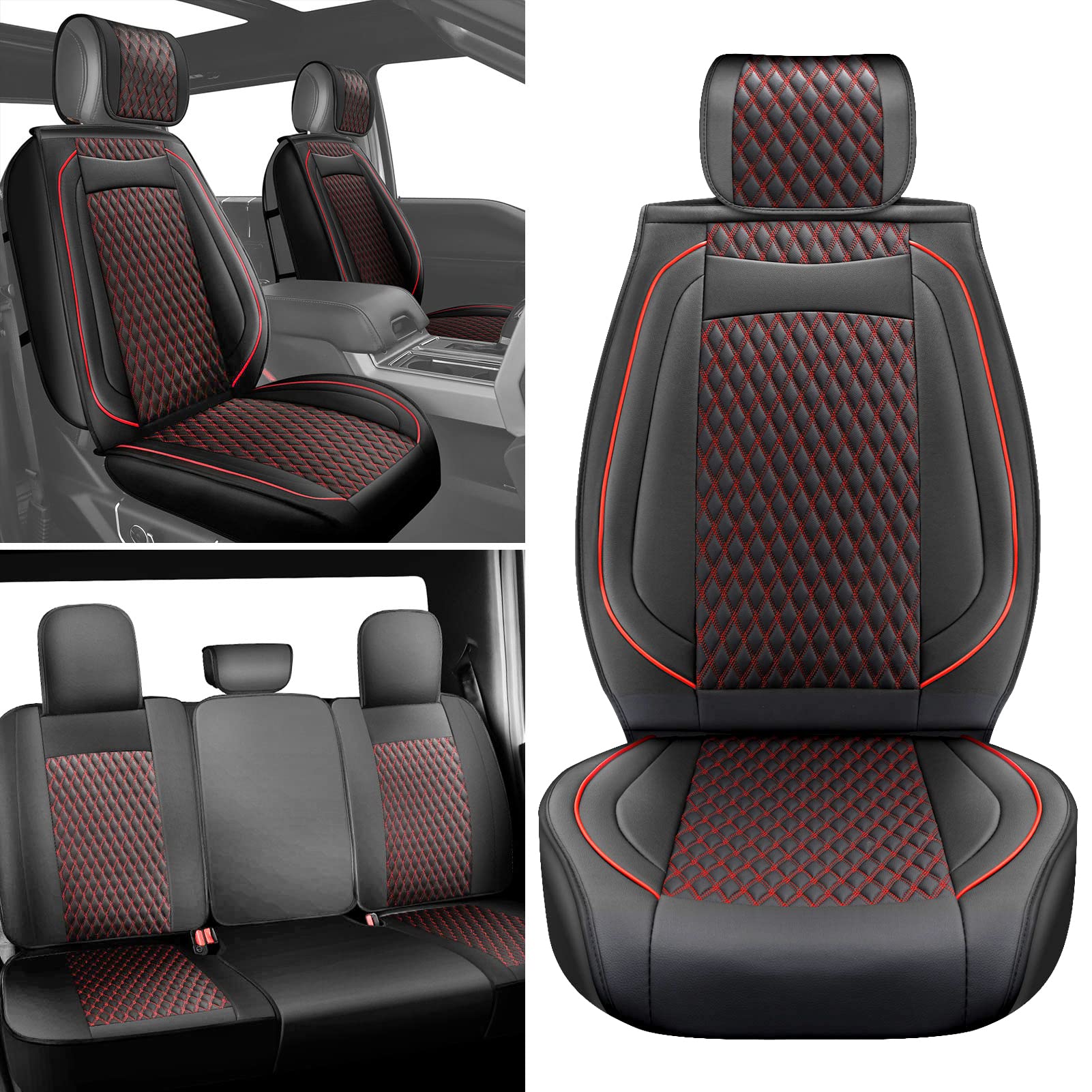 Octomo Seat Covers Full Set for Ford F150 2009-2023, 2017-2023 F250 F350 F450 Custom Fit Super Duty Crew Cab and More Pickup Truck Leather Seat Cover Front & Back Seat (5 Pcs Full Set, Black-Red)