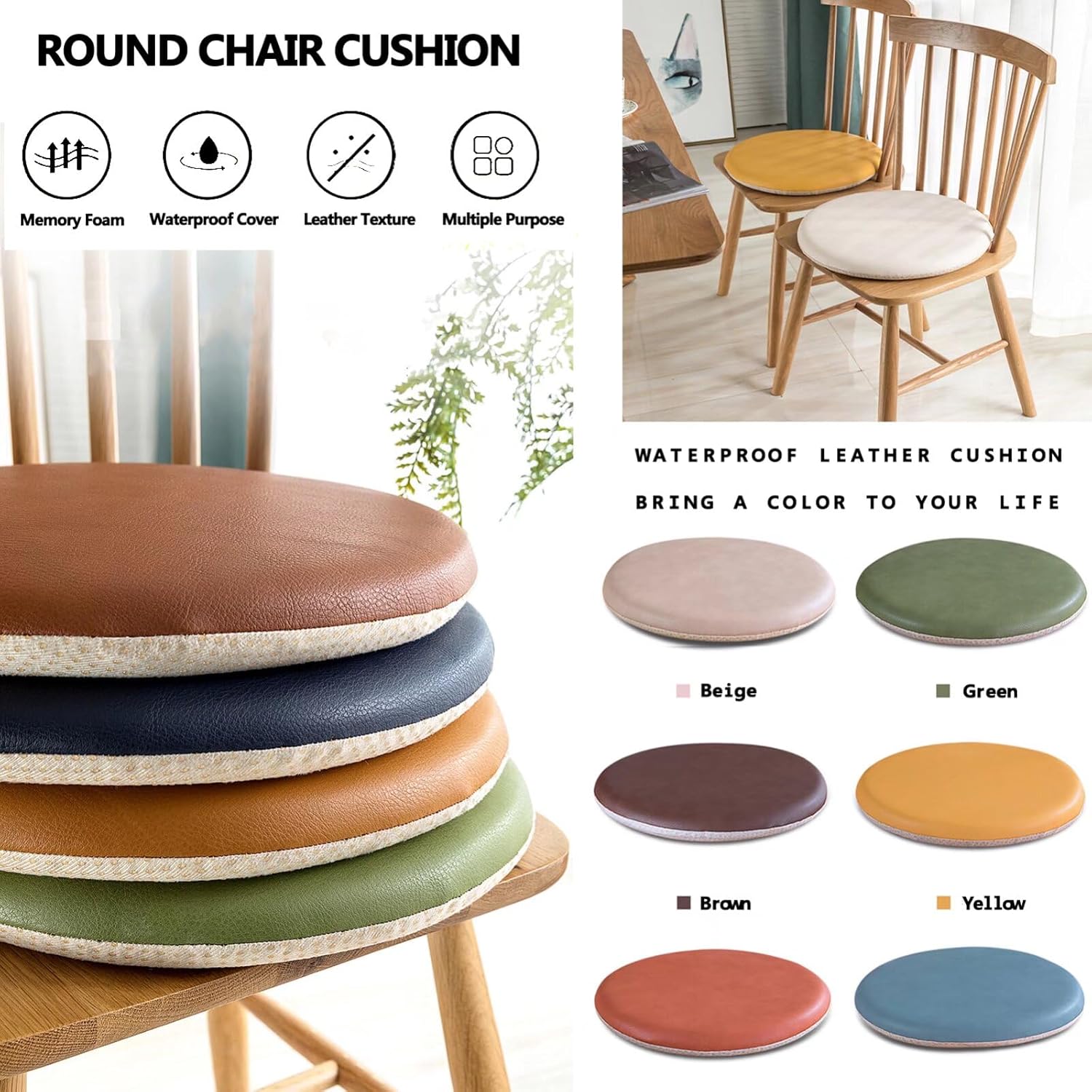 Dining Room Chair Pads Nonslip, Bar Stool Seat Cushions Rounded 12x12, Waterproof Chair Cushion for Outdoor Furniture, Bar Stool Cushion Round with Rubber Back and Zipper Cover Yellow