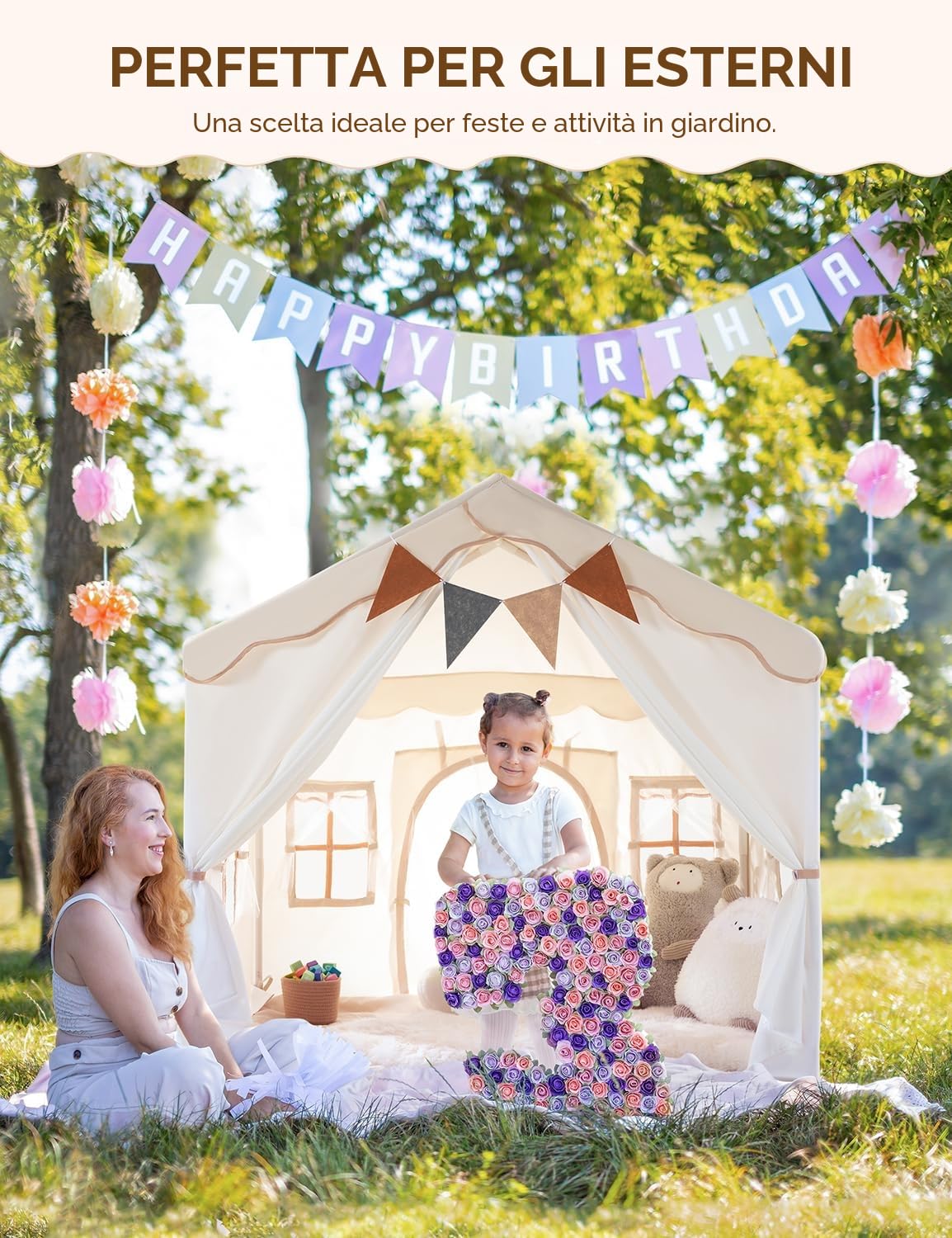 2 in 1 Tenda per Bambini besrey, Tenda Casetta da Gioco con 2 Porte e 4 Finestre, Tenda da Gioco per Bambini Interni ed Esterni con Tappetino Imbottito, Luci Fatate e bandierine