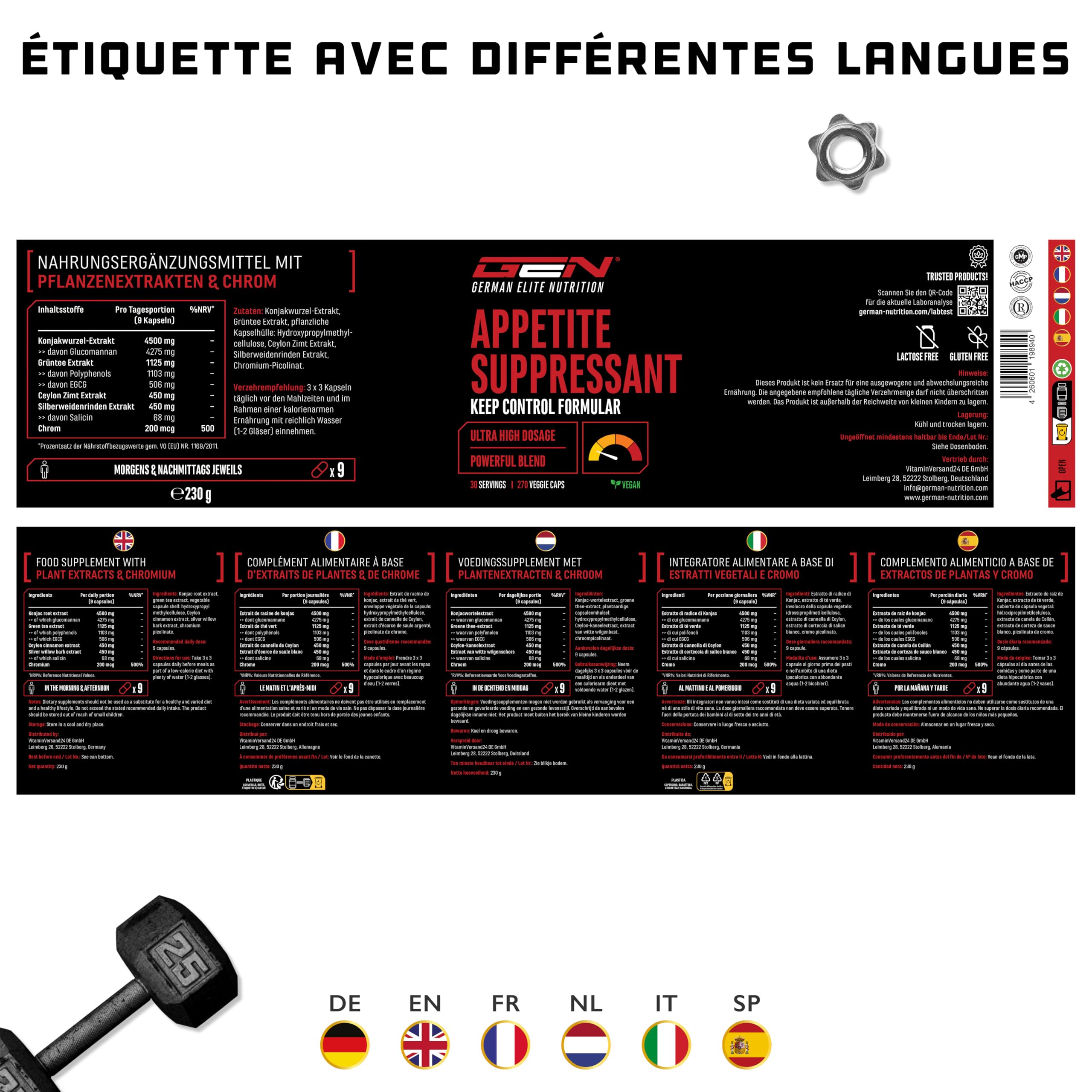 Appetite Suppressant - 270 gélules - Extrak hautement dosé avec glucomannane, extrait de thé vert, cannelle de Ceylan, extrait de saule blanc & Crom - Vegan