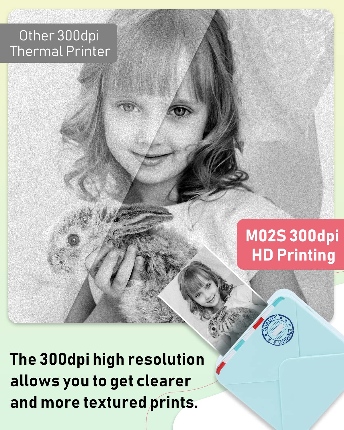 Phomemo M02S Mini Drucker, 300 DPI Thermodrucker mit 6 Etikettenrollen, Taschendrucker Sticker Drucker, Kompatibel mit 15, 25, 53 mm Papier, ideal für Studium, Scrapbooking, Fotos, Geschenke (Grün)