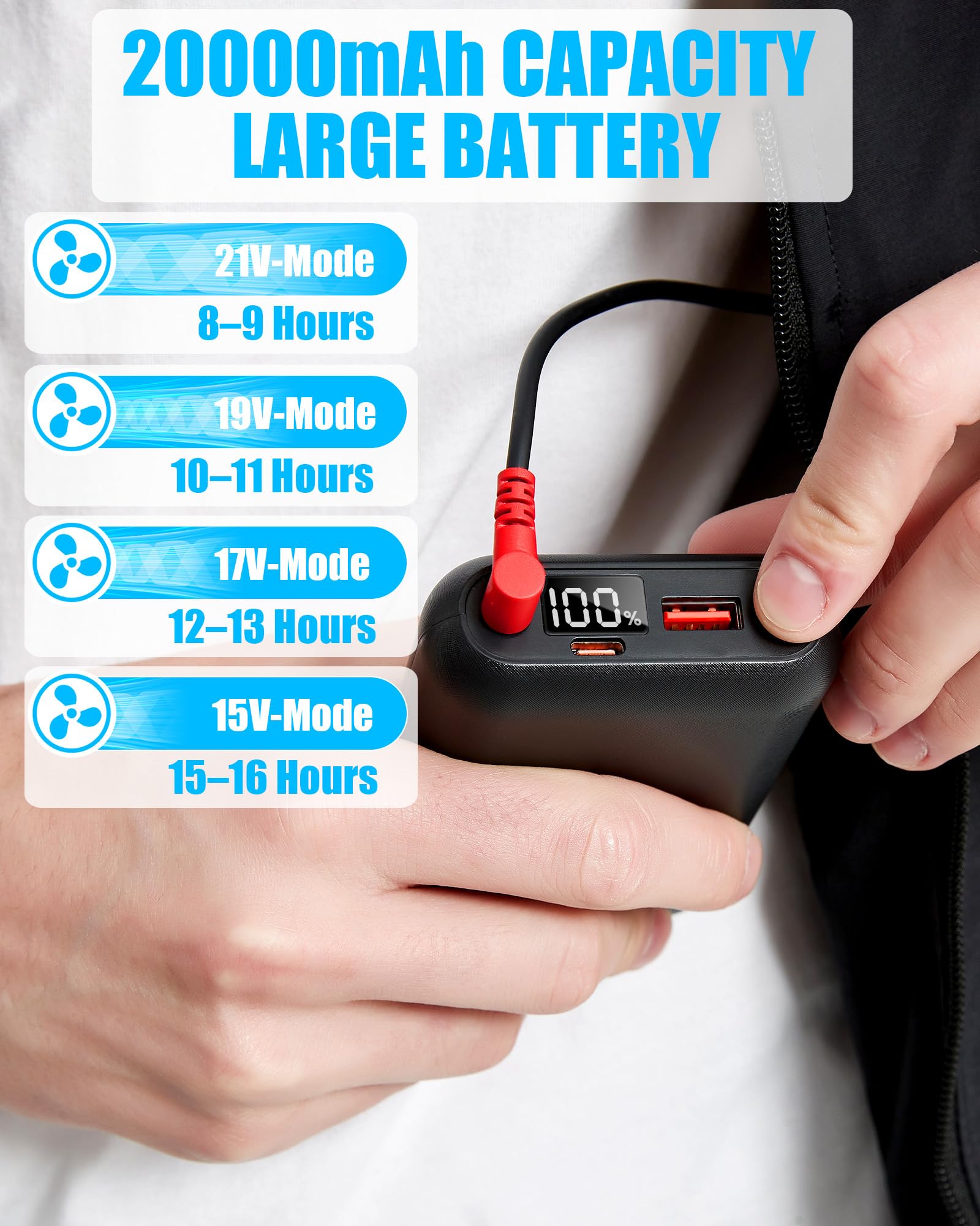 Chaleco de refrigeración con 2 ventiladores y batería de 20.000 mAh, chaqueta climatizada de 21 V para hombres y mujeres, ligera para trabajo al aire libre, pesca, ciclismo, Negro , L