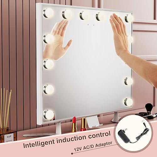 Miniatura 4 de Anbuy Espejo de tocador Hollywood con luces, espejo grande iluminado con 14 bombillas LED, espejo Hollywood con control de inducción inteligente y 3