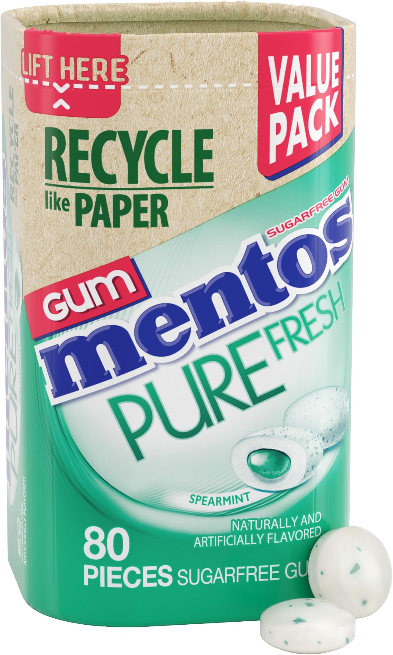 Mentos Pure Fresh Sugar Free Gum with Xylitol, Spearmint, 80 Piece Bottle