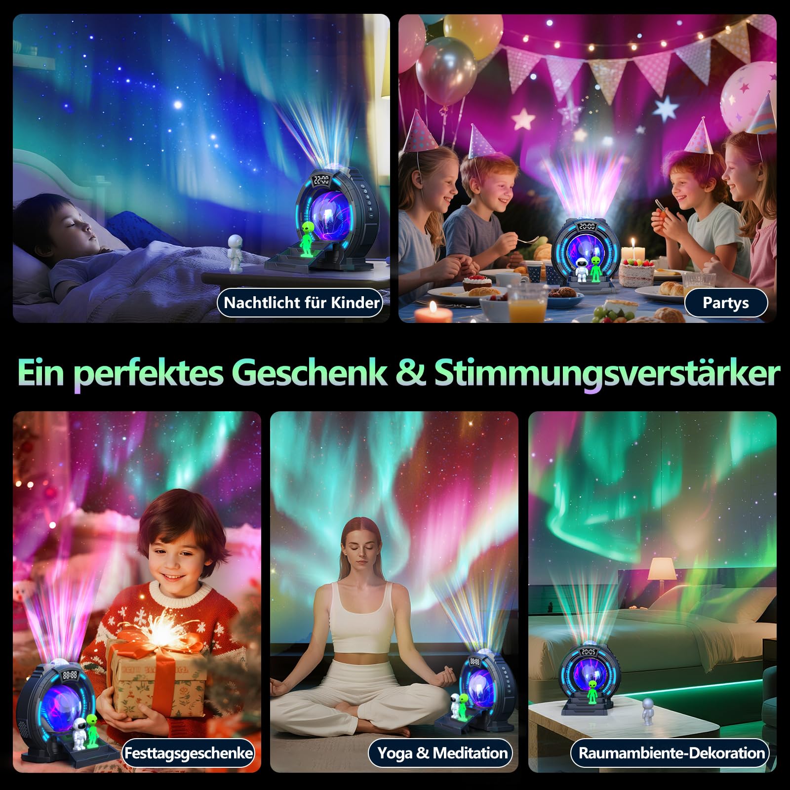 Galaxy Projector,Sternenhimmel Projektor Aurora Lampe mit 8 Polarlichtern & 8 Weißrauschen, Astronaut Projektor mit Plasma Ball, Bluetooth Lautsprecher,Creative Lighting,Einschlafhilfe & Entspannung