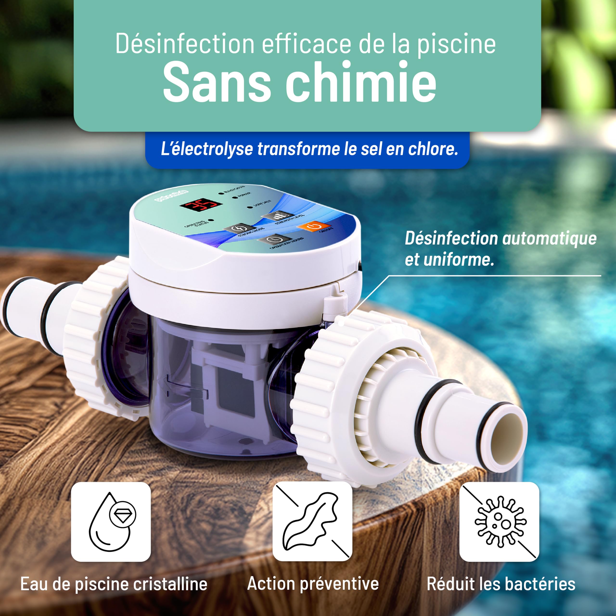 poolomio® Chlorinateur pour piscines jusqu'à 10 m³ avec commande intelligente par application | Électrolyseur au sel 2,5 g/h pour désinfection de piscine sans produits chimiques | Générateur de chlore