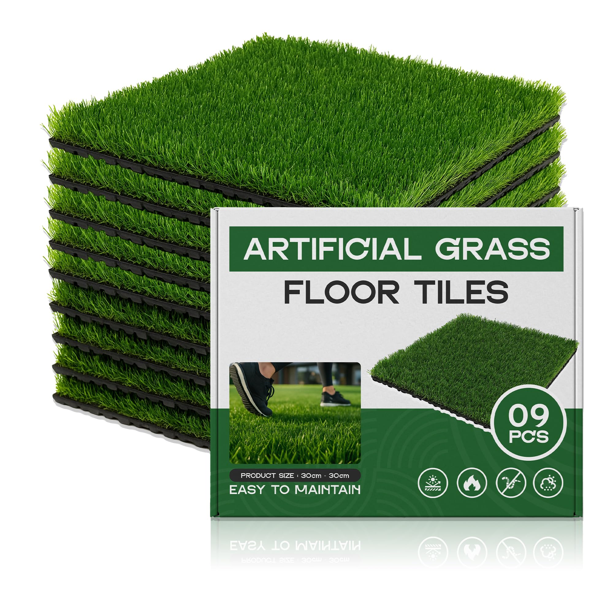 9 Pack Artificial Grass Interlocking Deck Tiles, 30 x 30 cm Click-Lock Lawn Flooring for Balcony, Patio, Garden & Terrace, Realistic Green Turf Panels, Easy DIY Installation