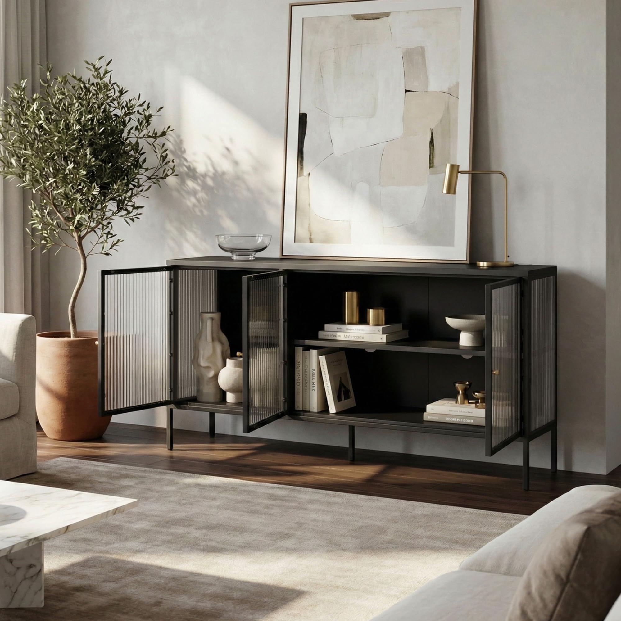 [en.casa] Mobile TV Credenza Industriale in Acciaio Nero con 3 Ante in Vetro Scanalato Madia Moderna per Soggiorno con Ripiani e Passacavi 80x150x40 cm