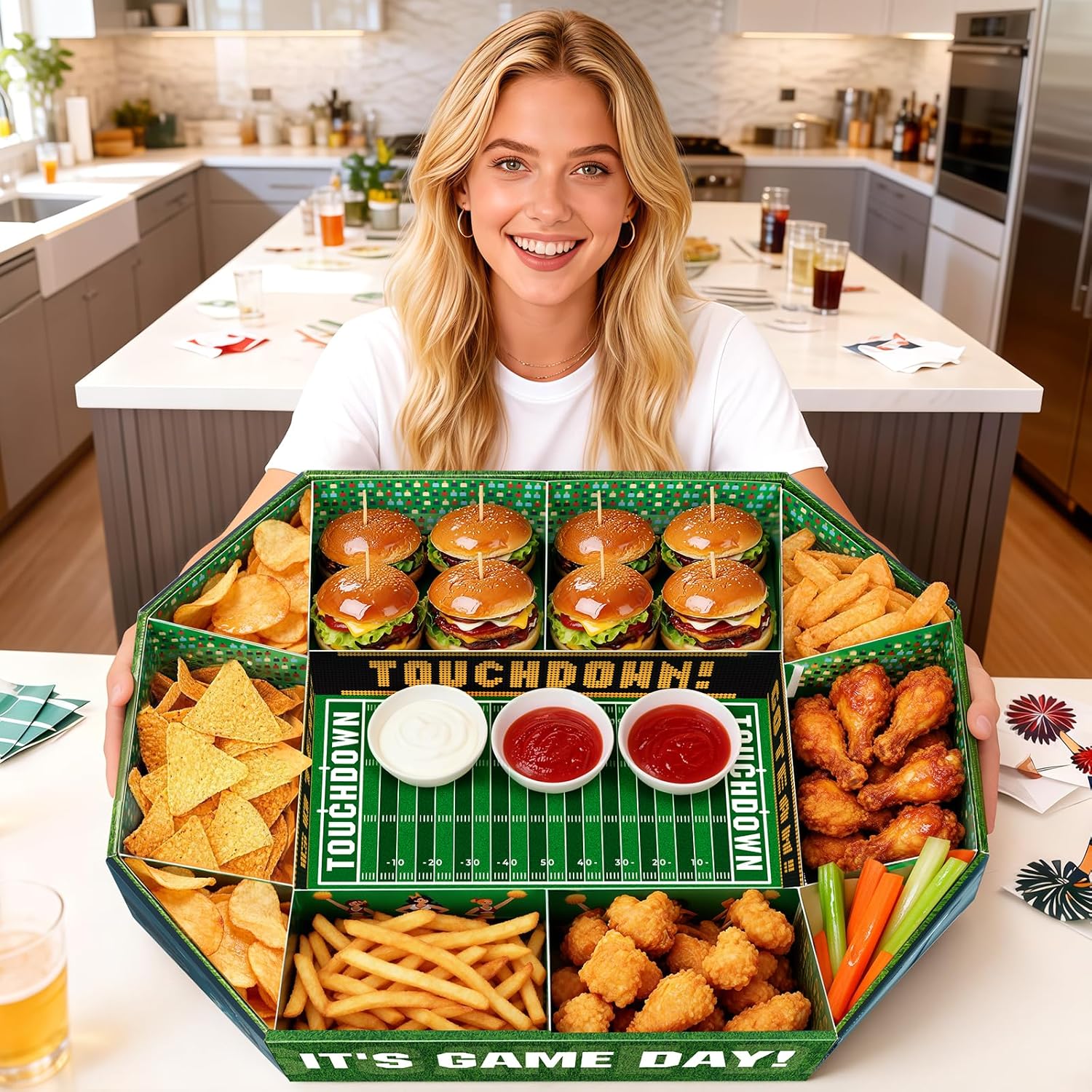 Gloween Football Party Decorations 2026, Football Snack Stadium Food Tray Set, Ideal Party Supplies for Birthday & Tailgate （Disposable, 24"L x 17"W x 5"H）