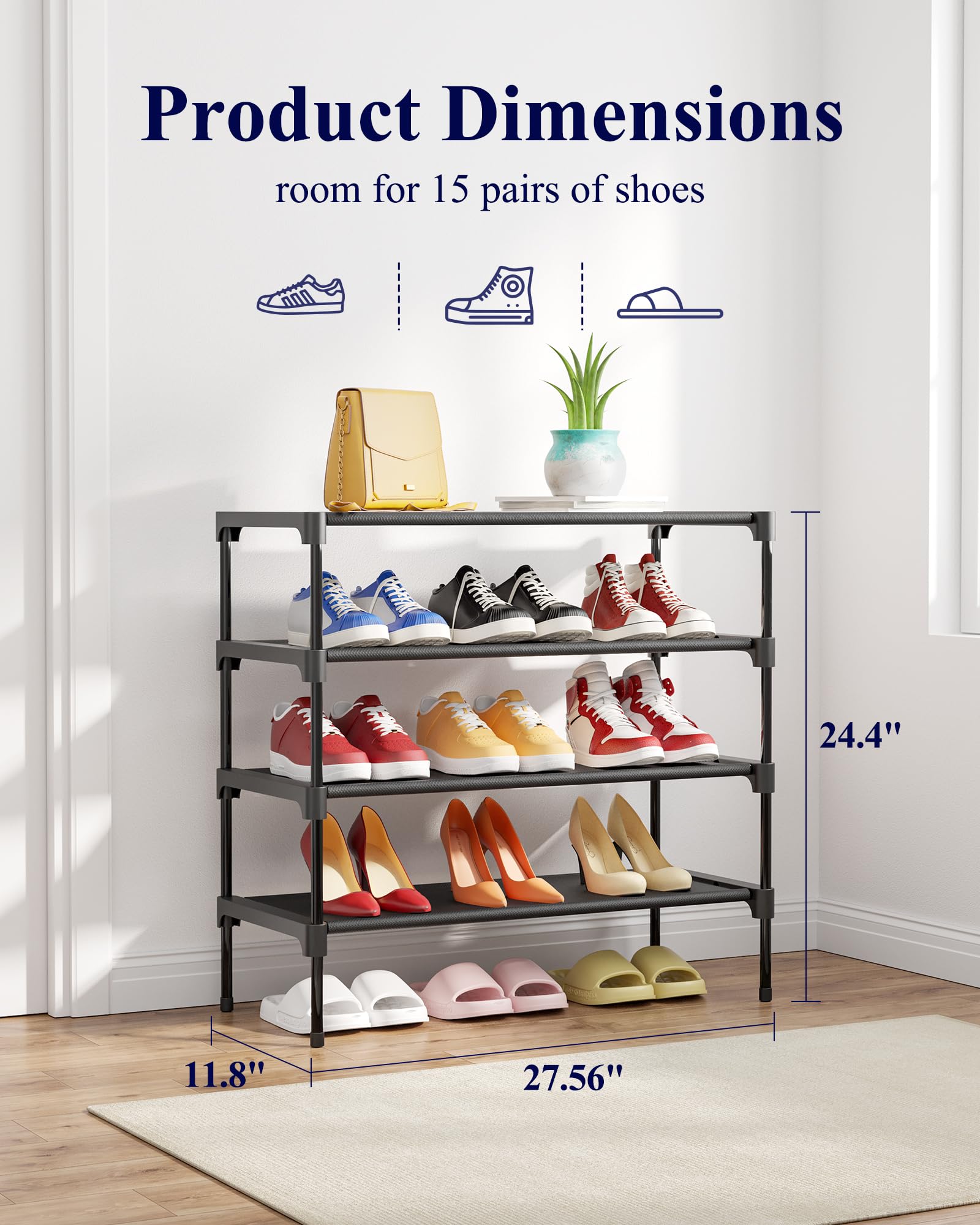 Kitsure Zapatero – Estante para zapatos no tejido, organizador de zapatos para armario, entrada, garaje y pasillo, estantes apilables para zapatos, XL, color negro