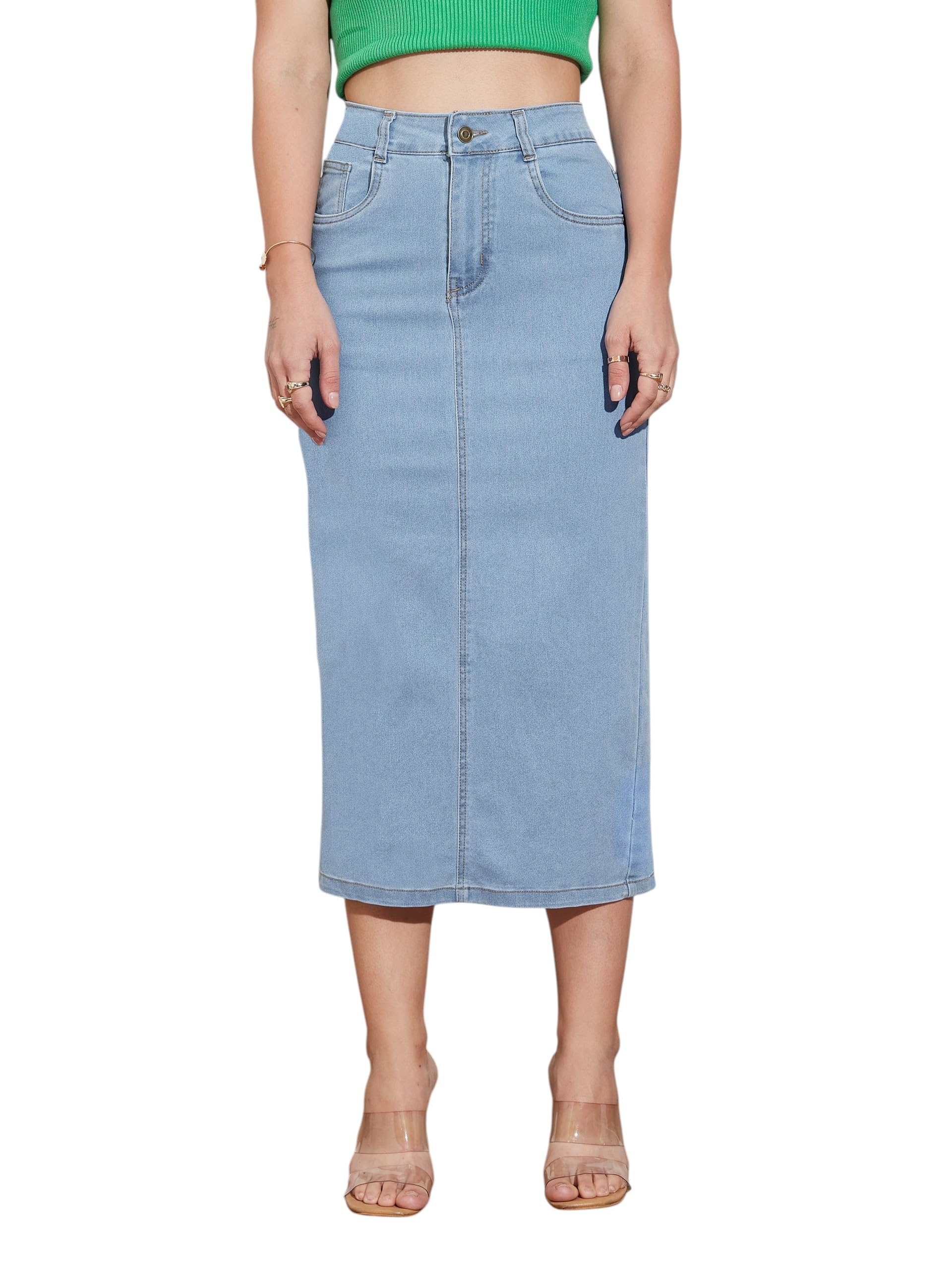 Women's Straight High Rise Midi Stretchable Denim Denim Skirt-image-28