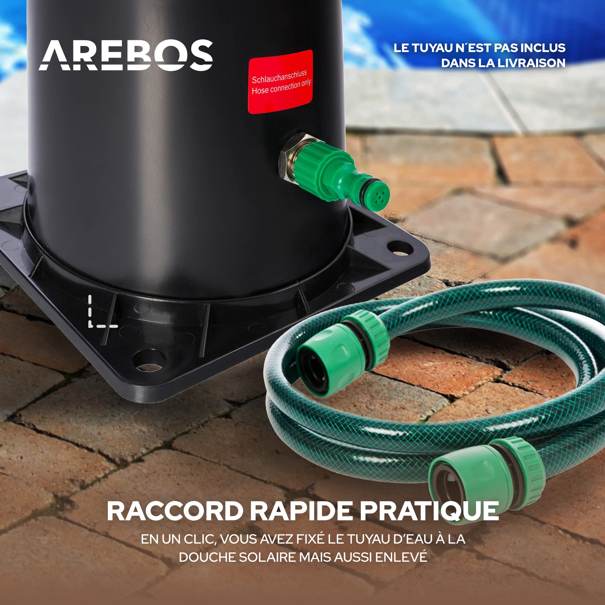 AREBOS Douche Solaire de 40 l Premium Noire avec Socle Anthracite | Socle en Acier | Douchette Manuelle Amovible