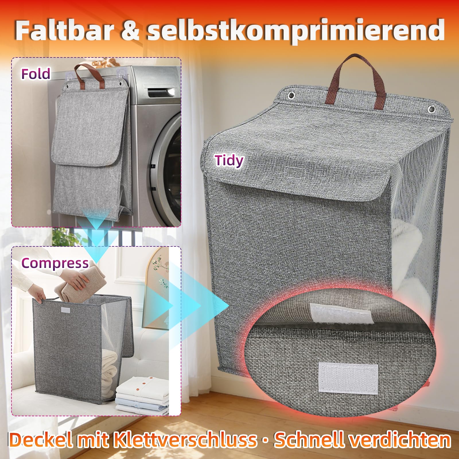 Cesto Ropa Sucia Pared Organizador Compresible Cesto Ropa Sucia Plegable con Tapa Contenedor Ropa Sucia Transpirable Antigolpes Estrecho (Gray-L)