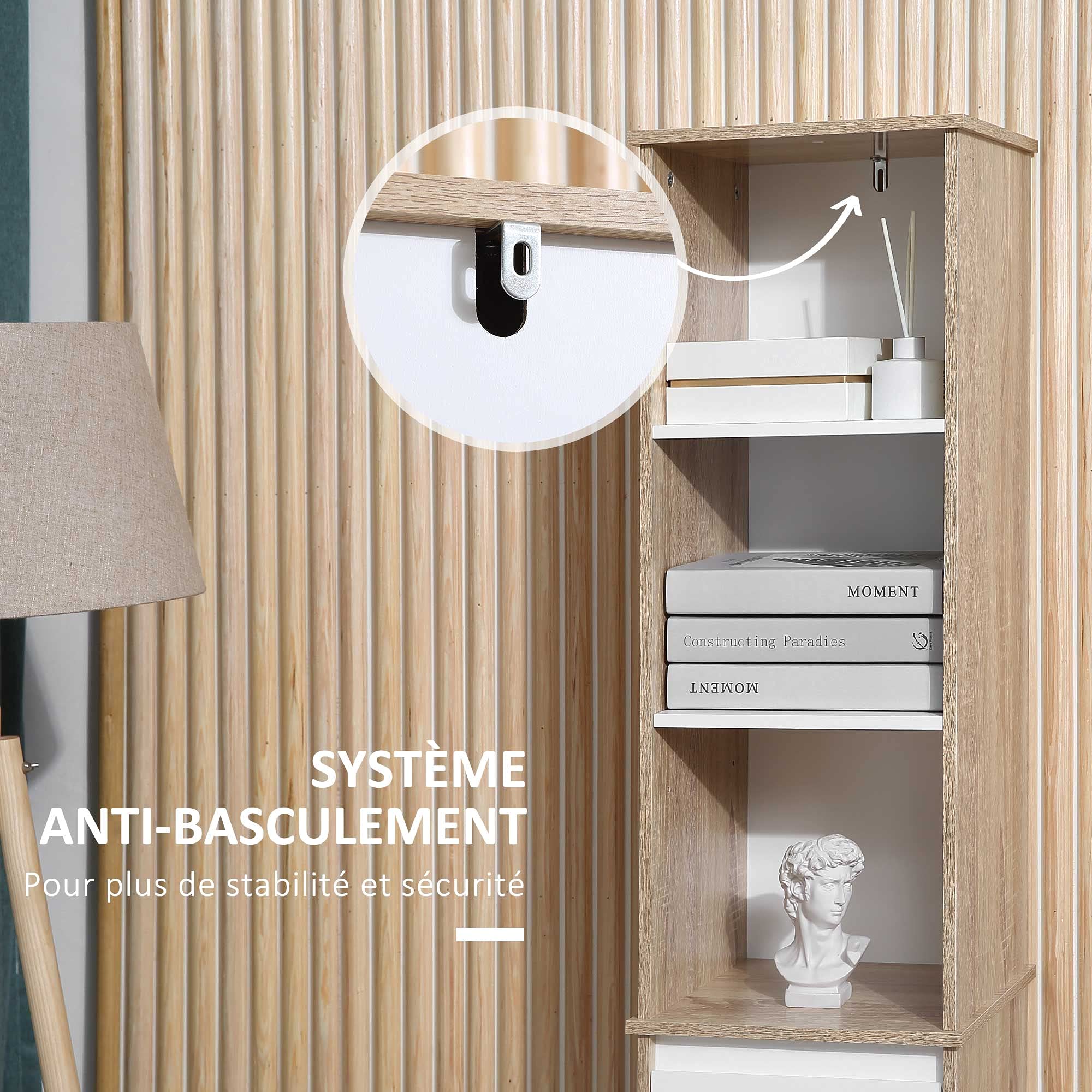 kleankin Meuble Colonne Rangement Salle de Bain Style Cosy 3 niches tiroir Placard avec étagère Blanc Aspect chêne Clair
