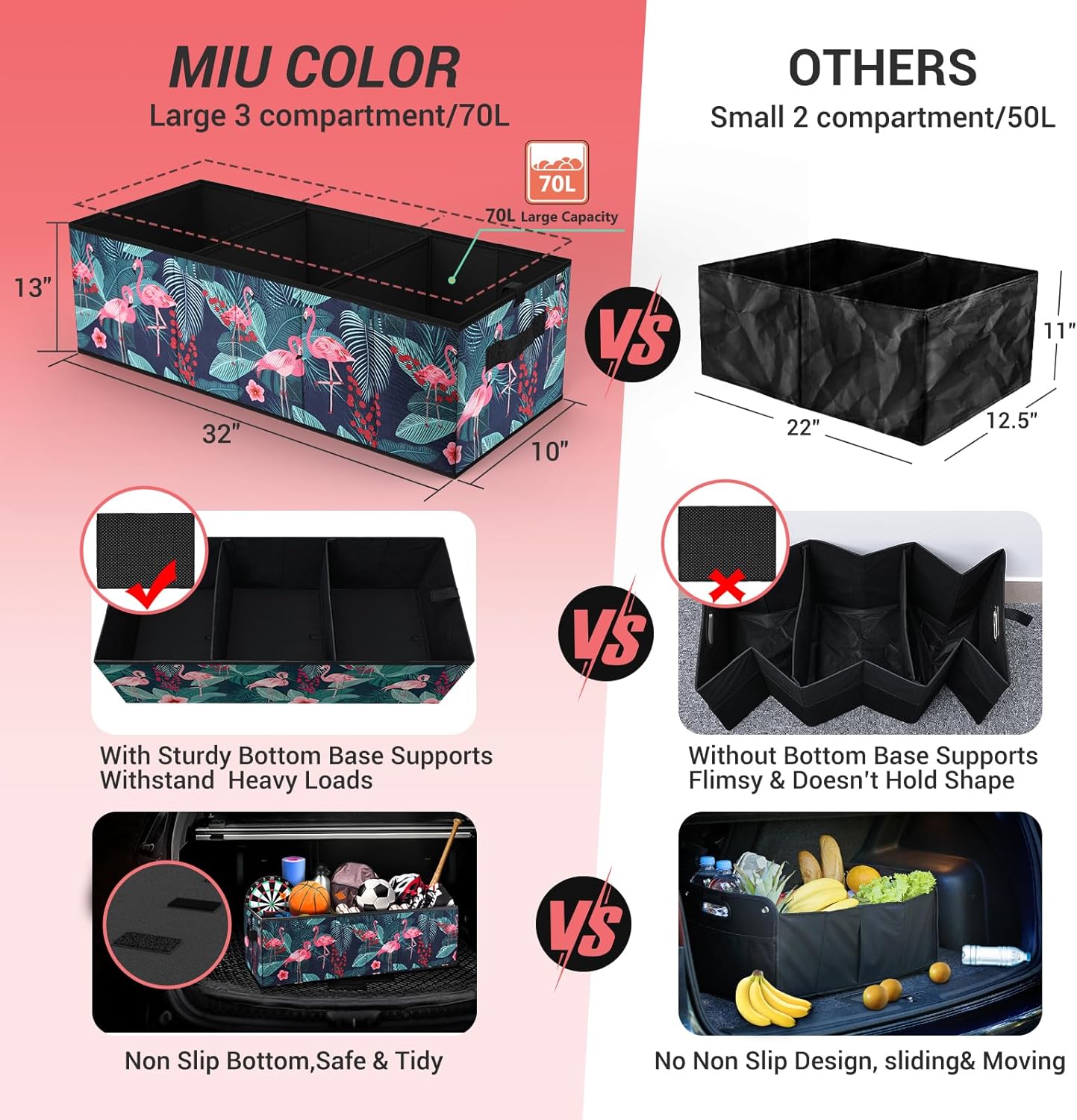MIU COLOR Car Trunk Organizer for SUV, Expandable Large Capacity, Sturdy Cargo Trunk Storage Organizer, Non Slip Bottom
