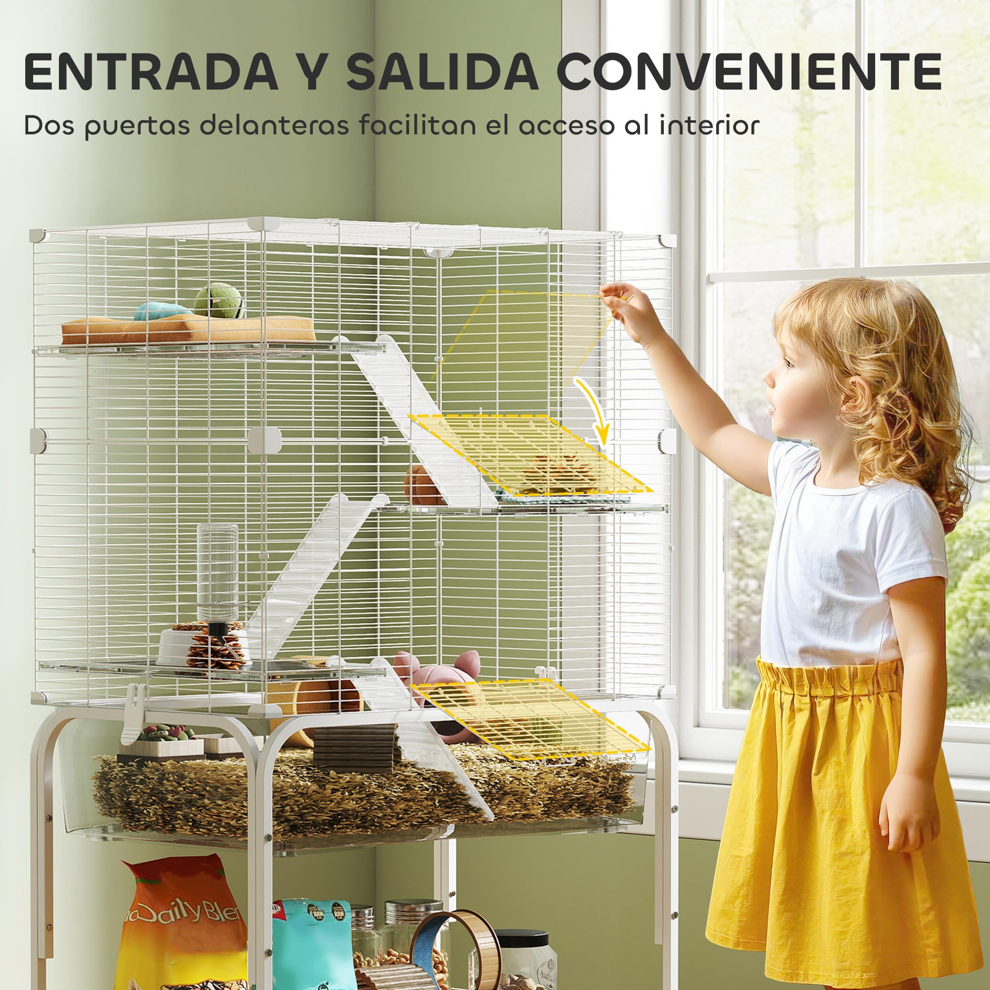 PawHut Jaula para Animales Pequeños de 4 Niveles con Ruedas Jaula para Roedores con Bandeja Profunda Rampas Plataformas Comedero y Bebedero Recinto para Chinchillas Hurones Hámster 73x47x123 cm Blanco