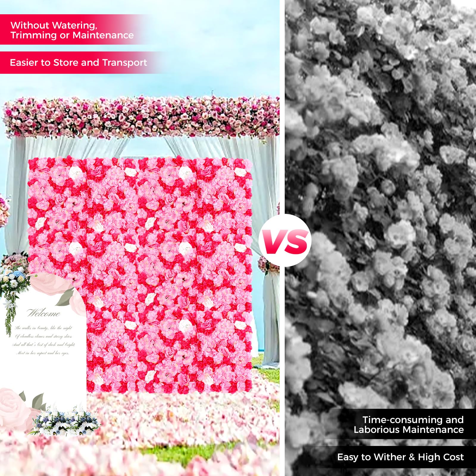 Künstliche Seidenblumen Wandpaneele für Balkon Garten Hochzeit Dekoink Rose Rot 12 Stück 60x40cm
