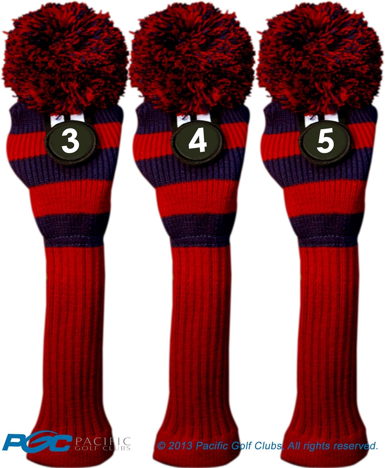 Majek #3, 4, & #5 Hybrid Combo Pack Rescue Utility Red & Blue Golf Headcover Knit Pom Pom Retro Classic Vintage Head Cover