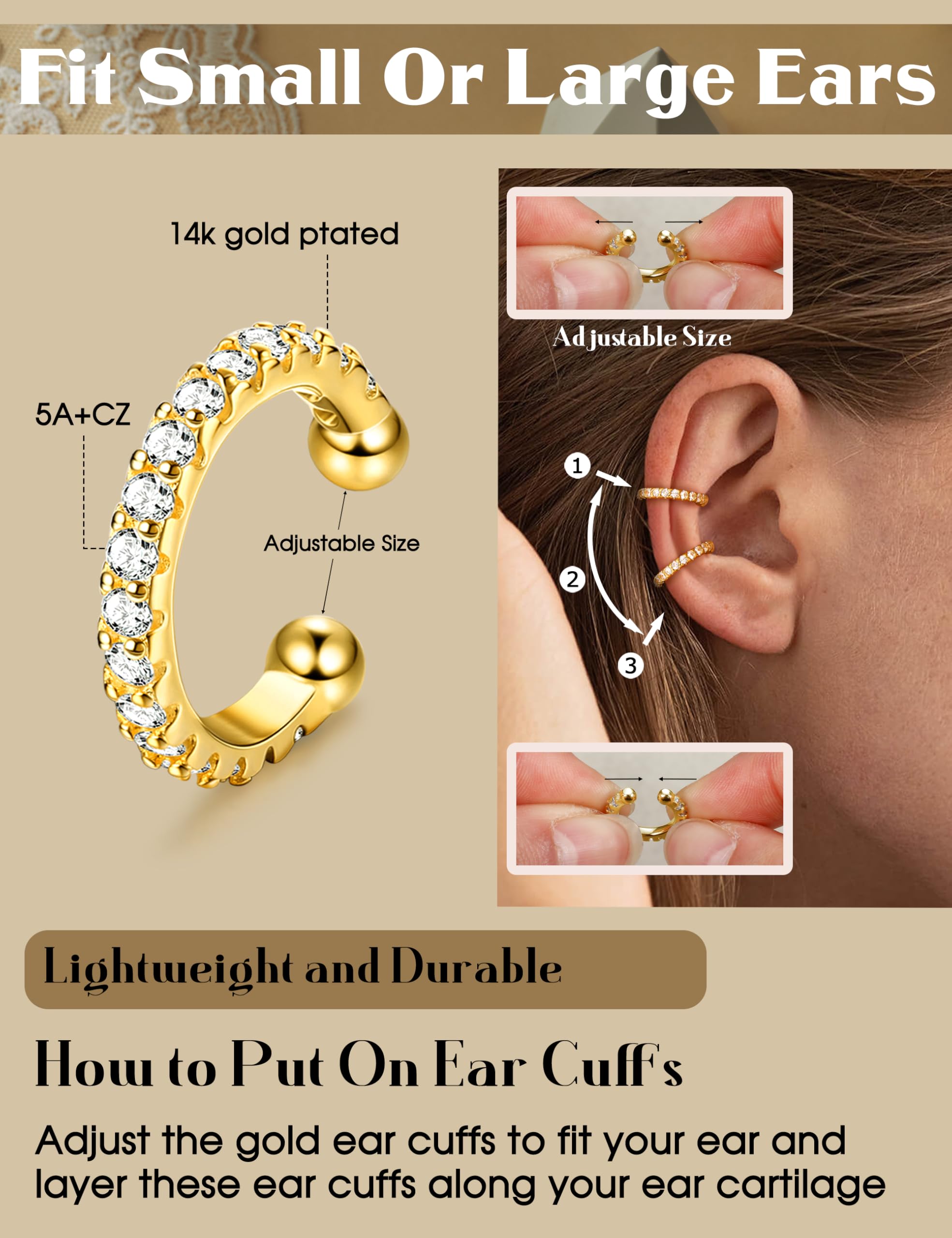LOLIAS 4 Pairs Ear Cuffs Non Piercing - 14K Gold Plated Ear Cuff Earrings for Women Ear Cuff for Non Pierced Ears Clip on Cartilage Earring Adjustable Fake Earrings Set