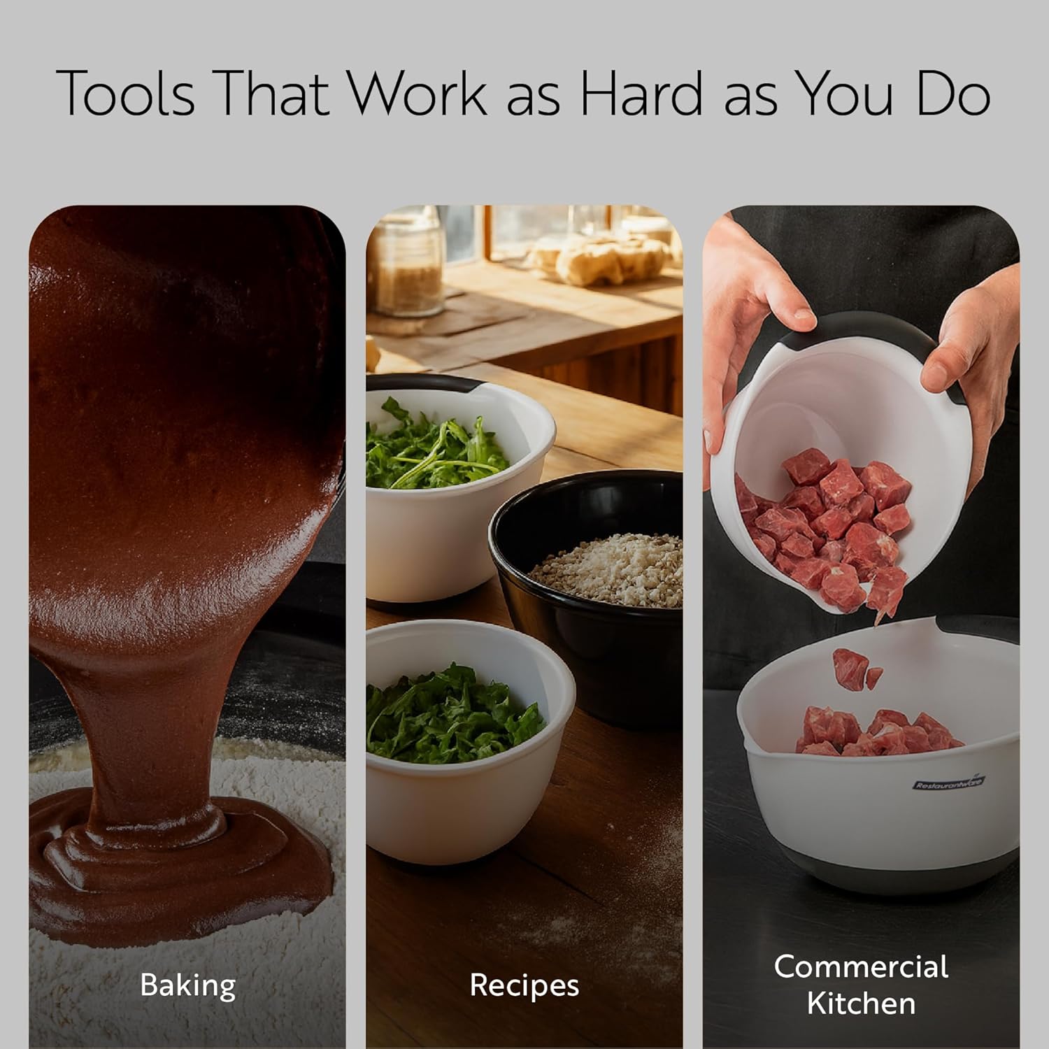 Restaurantware Comfy Grip Plastic Bowl Set 1 Durable Mixing Bowl Set - 3-Piece Set Rubber Grip Bottom Black Plastic Bowls with Pour Spot Dishwashable