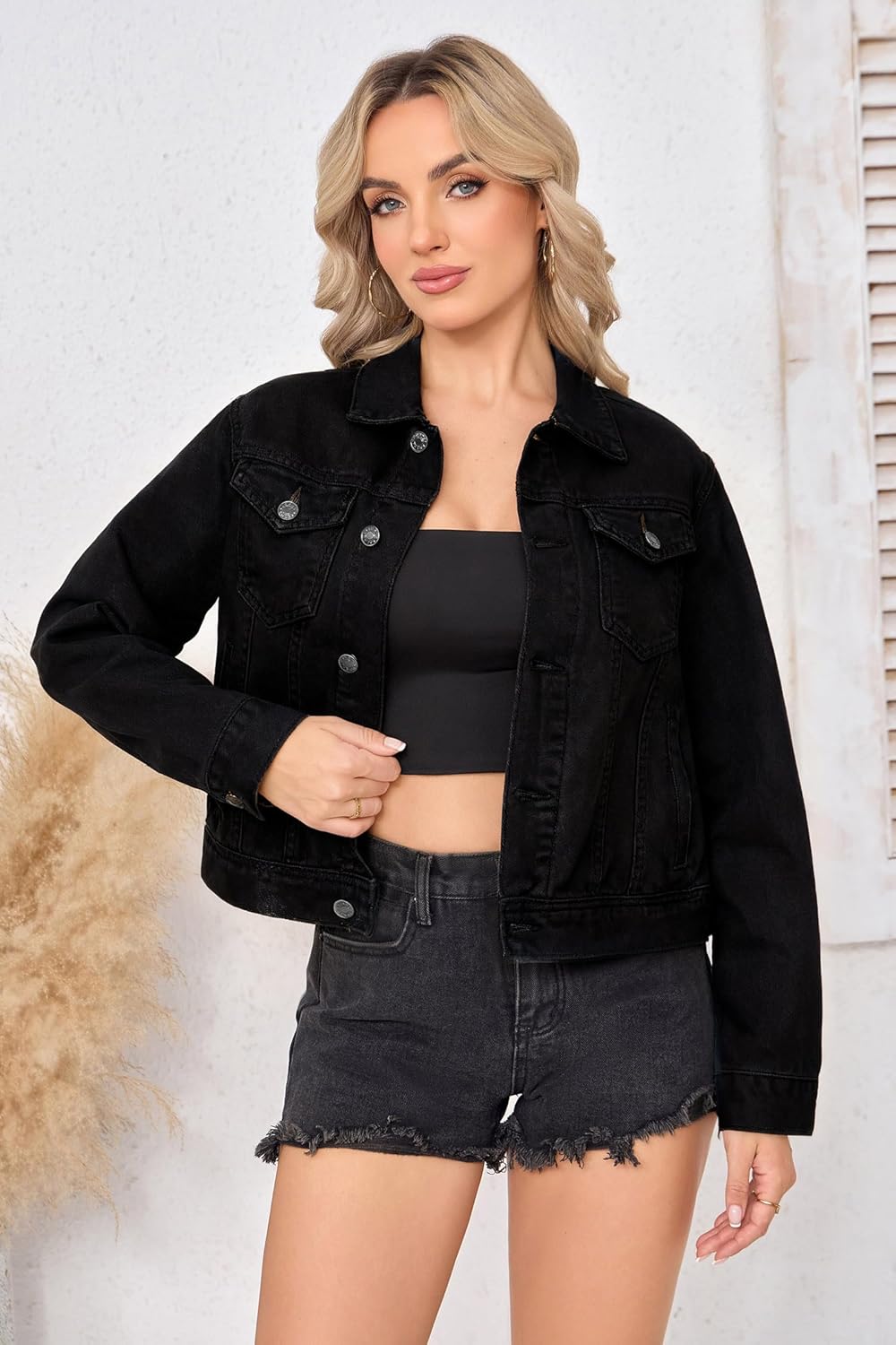 HOCAIES Women Basic Button-Up Washed Denim Jacket Classic Outerwear Trucker Jean Coat - Image 3