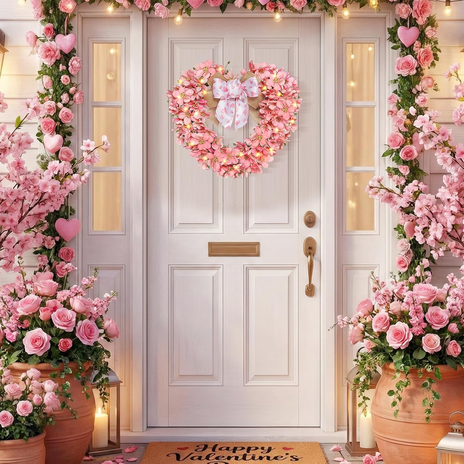 16 Inch Valentine's Day Wreath Heart Shaped Wreath Pink Love Heart Forsythia Flowers with Double-Layer Bow and Lights Valentine Day Wreaths for Door Wedding Party Home Romantic Decor - Image 3
