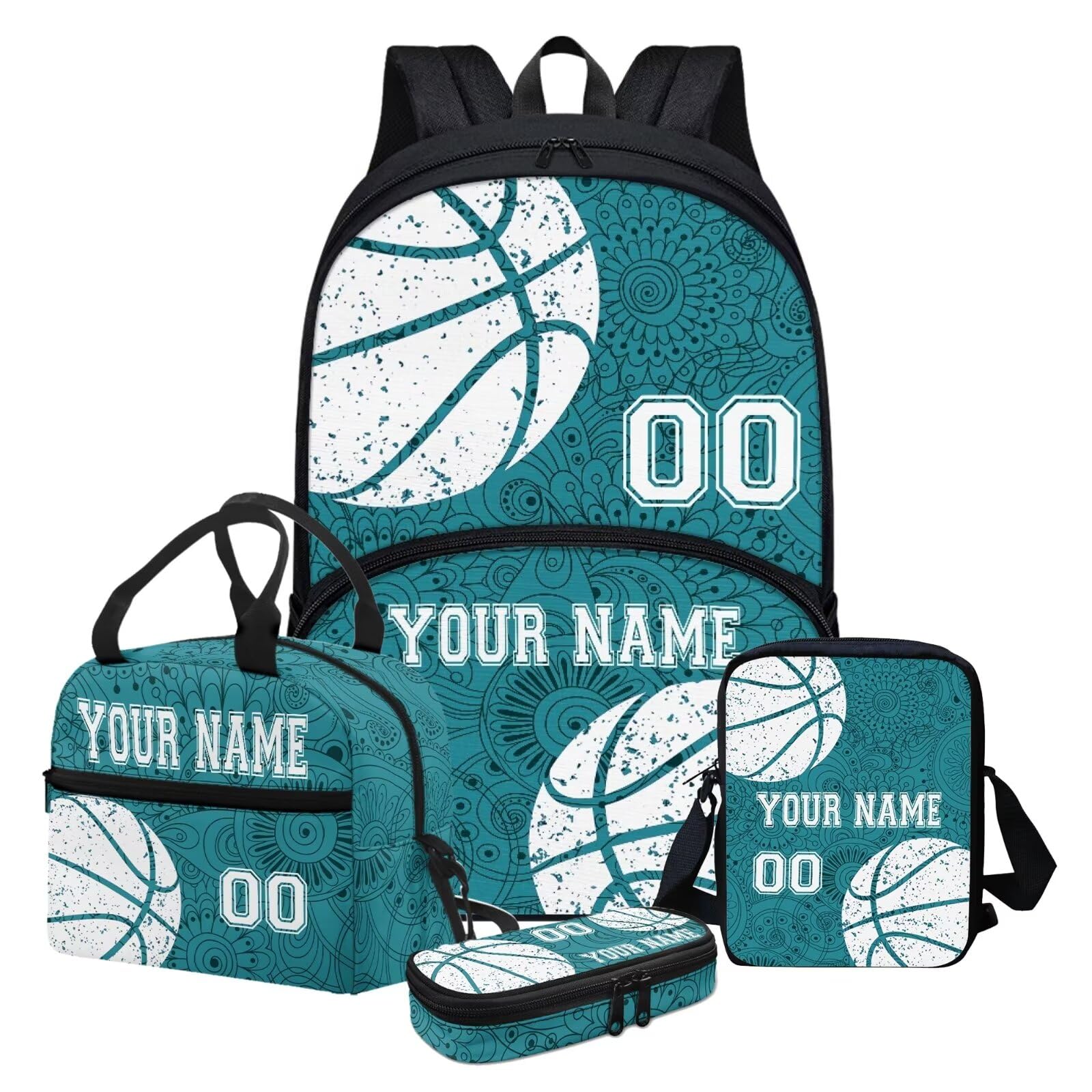 Howilath Personalized Customized Name Blue Boho Mandala Basketball Prints 4PCS School Backpack Set with 17inch Book Bag Lunch Box Crossbody Bag and