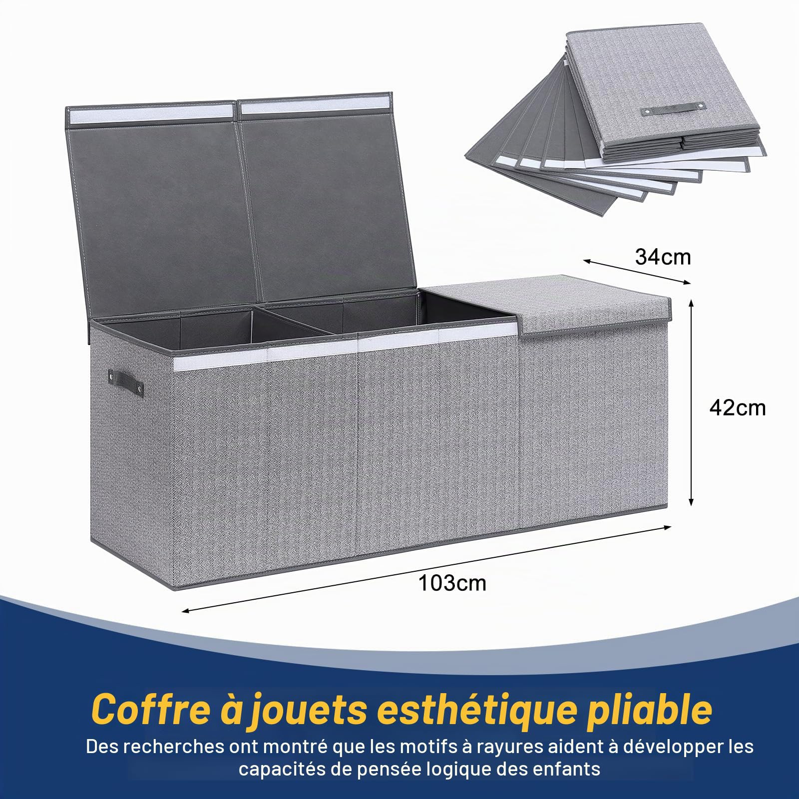ELUCHANG Boîtes de Rangement Pour Enfant，Grand Coffre a Jouet Enfant Avec Couvercle，147L，Pliables, Poignées, Chambre d'Enfant, Salle de Jeux, Gris