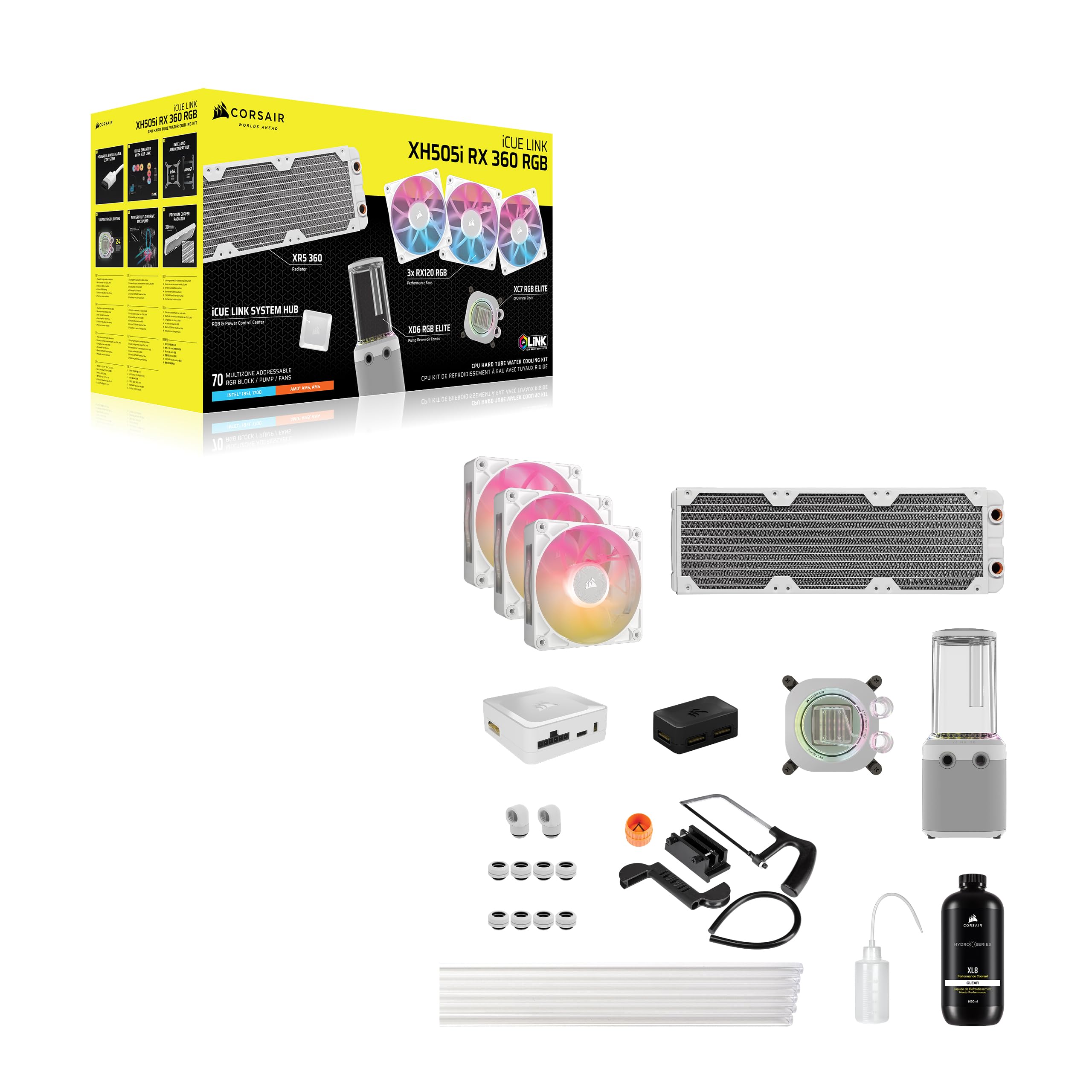 CORSAIR iCUE LINK XH505i RX 360 RGB Individuelles Kühlungs-Kit – XC7 ELITE CPU-Wasserblock, XD6 ELITE-Pumpenreservoir, 3x RX120 RGB-Lüfter, XR5 360-mm-Radiator, iCUE LINK-Systemhub - Weiß