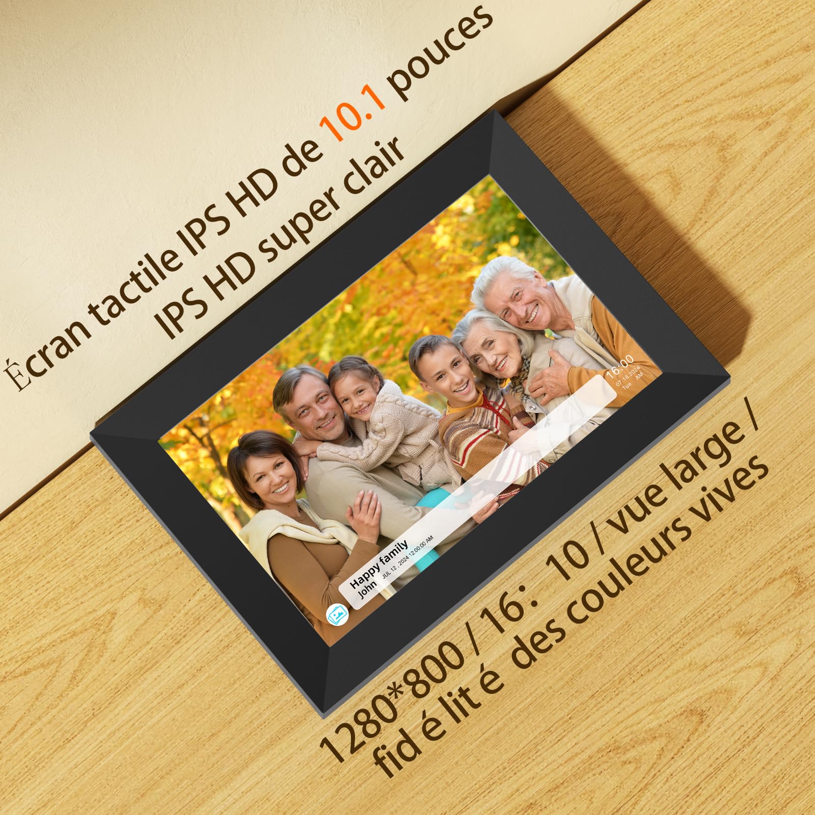 Cadre Photo Numérique WiFi 16GB, Cadres Photo Numérique 10.1 Pouces, Partagez Vos Photos sur Le Cadre Numérique Photo Via l'application Depuis n'importe où, écran Tactile 1280x800 (Black)