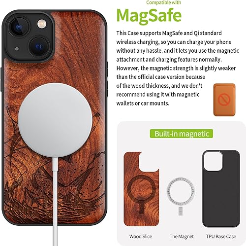 Miniatura 5 de Carveit Funda magnética de madera para iPhone 13 madera natural y TPU suave negro Funda protectora de madera única a prueba de golpes compatible con