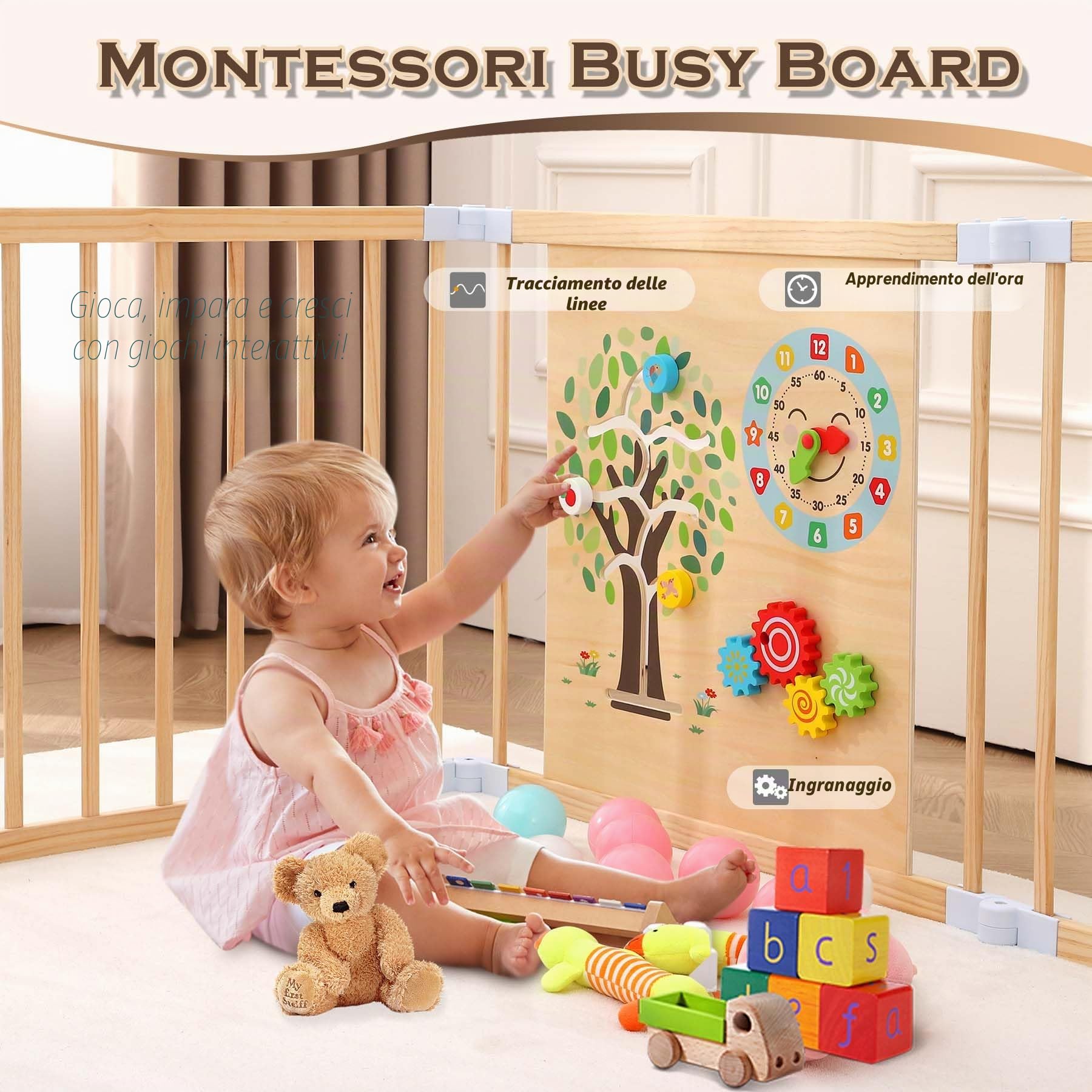 Box per bambini in legno tutto in uno con porta, recinzione da gioco regolabile in legno con lavagna magnetica su entrambi i lati, lavagna bianca e giocattoli per attività Montessori, centro attività