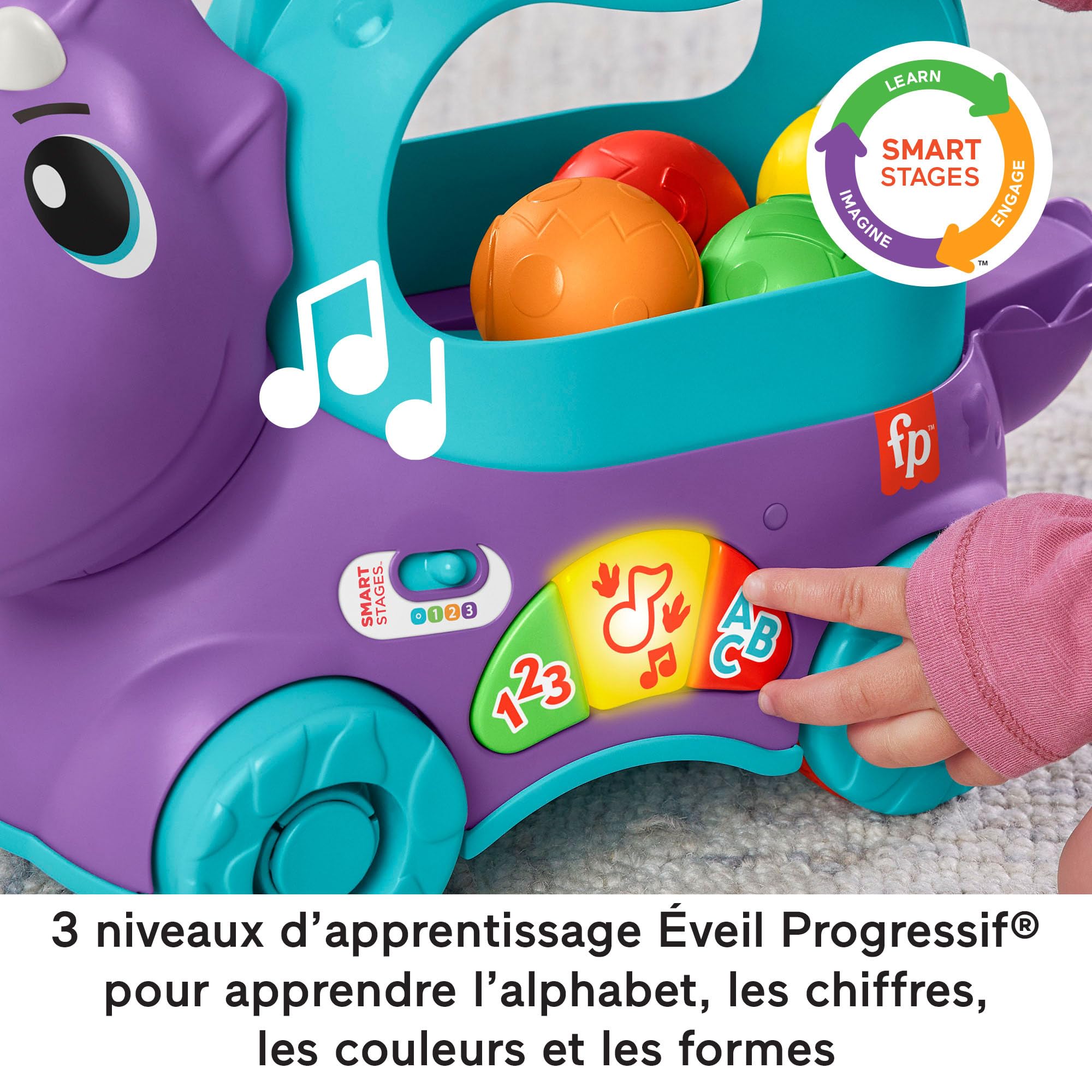 Fisher-Price Jouet D’Éveil Tricératops Lance-Balles Avec Effets Sonores Et Lumineux, 3 Niveaux D’Apprentissage Éveil Progressif, Version Française, Jouet Enfant, Dès 12 Mois, HNR56