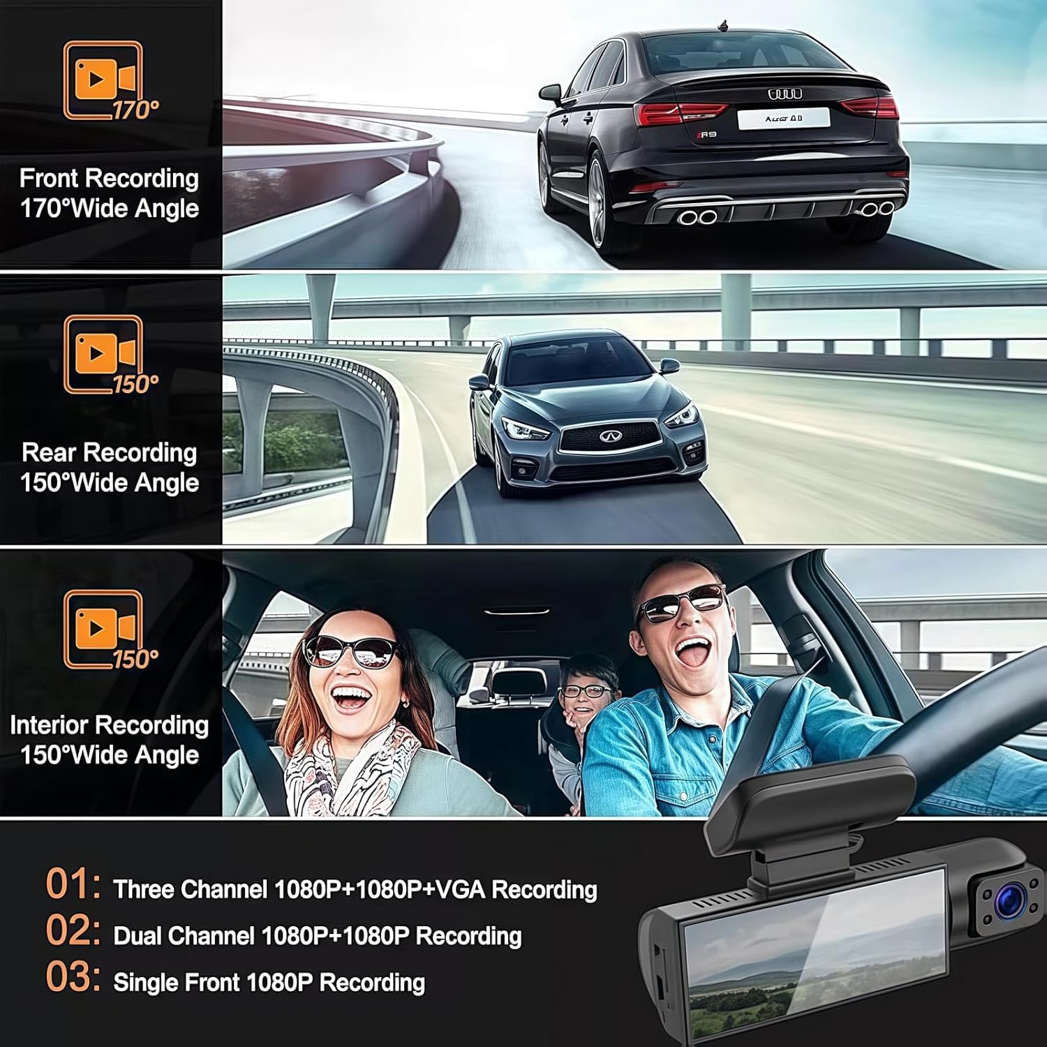 Vigil Dash Cam Original - New & Improved 2025 Model for Front, Rear and Interior of The Car (+64GB) (1 PCS)