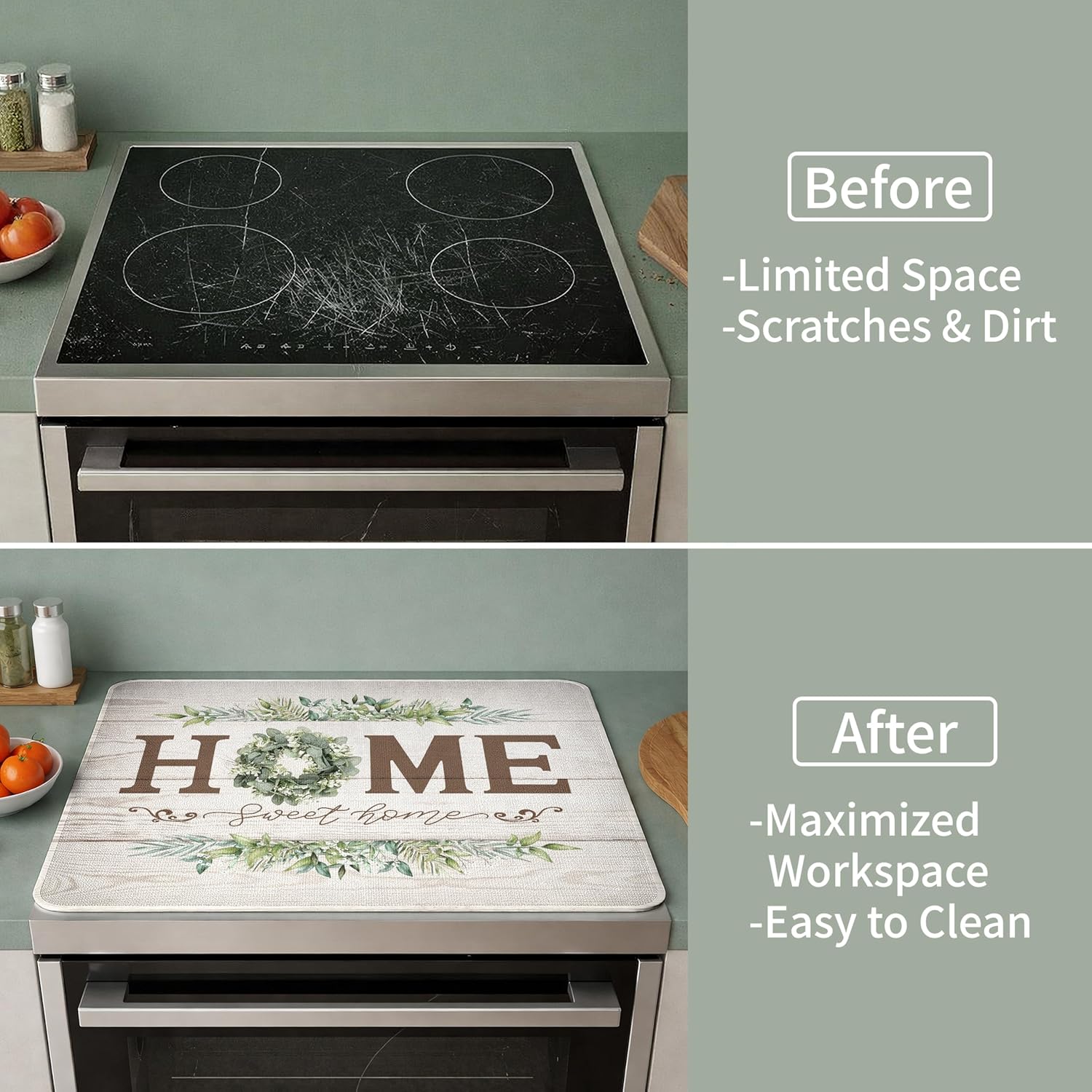Stove Top Cover for Electric Stove 28"x20", Sage Green Heat Resistant Rubber Mat, Non-Slip Cooktop Protector to Prevent Scratches & Expand Countertop Space, Kitchen Decor Accessories