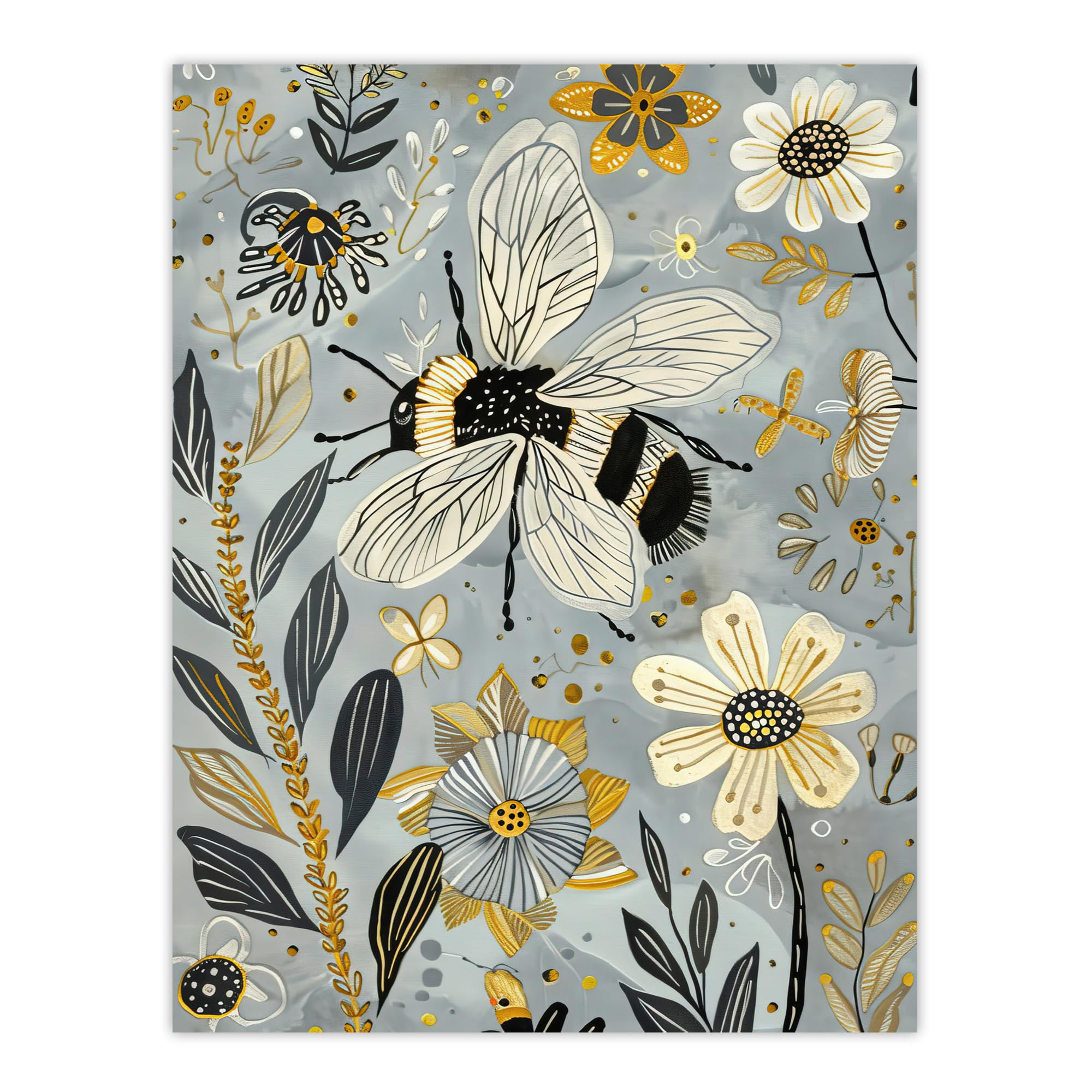 Artery8 Spring Flower Honey Bee Rustic Floral Design Wall Art Print Blue W18" x H24"