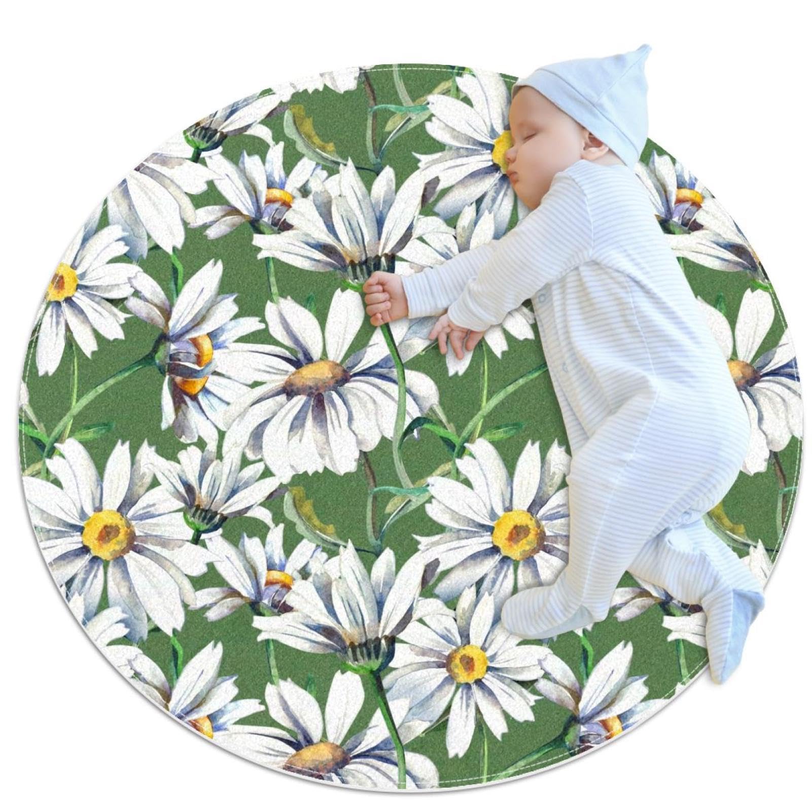 Tapis de salle de bain vert camomille rond pour créer un coin lecture cosy