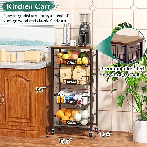 Miniatura 2 de OKZEST Cesta de frutas, organizador de cocina utilitario de 5 niveles y carrito de almacenamiento con cestas extraíbles y parte superior de madera,