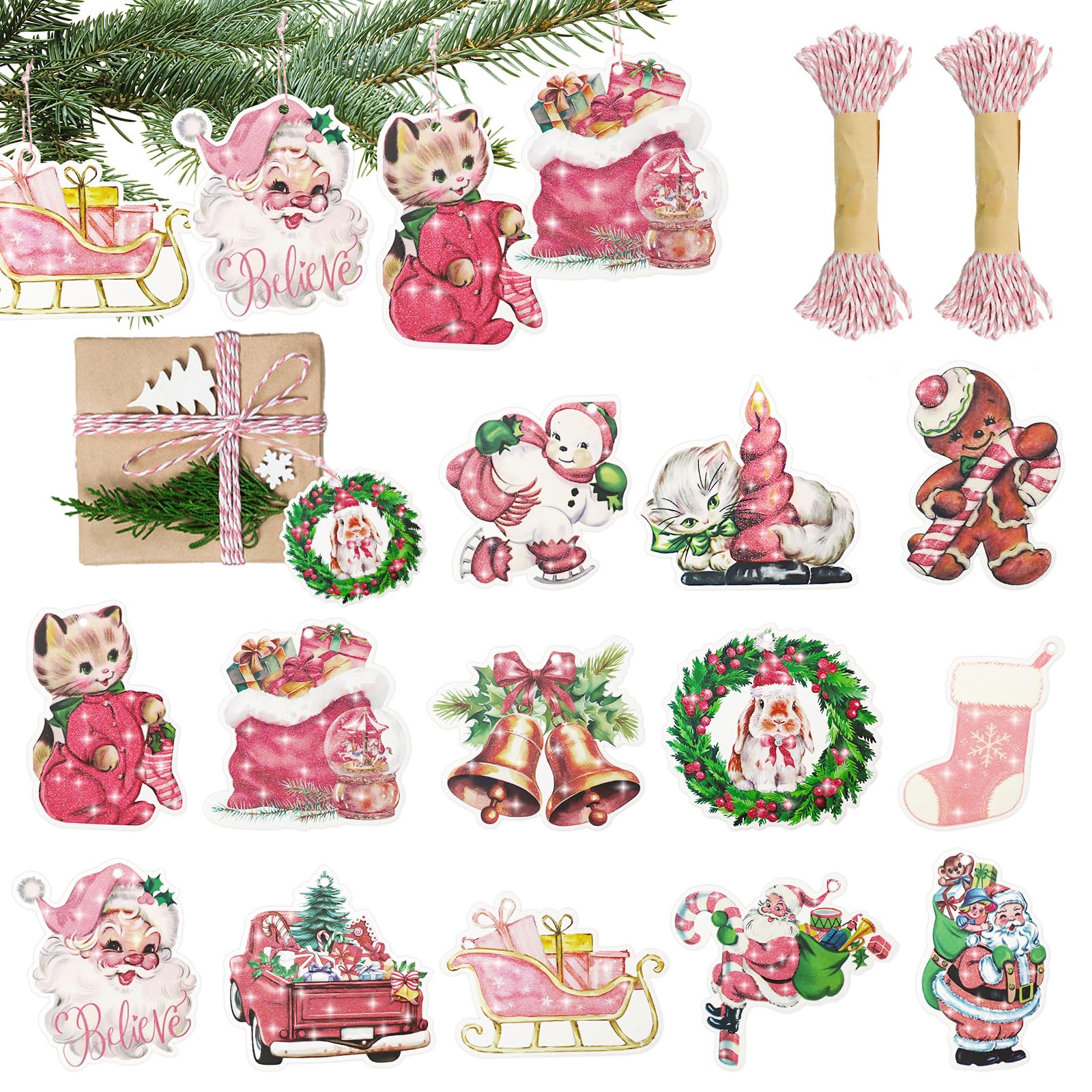 104 Stück rosa Vintage-Weihnachts-Geschenkanhänger, Frohe Weihnachten, Papier-Geschenkanhänger mit Schnur, Weihnachtsanhänger zum Aufhängen, Namensschilder für Weihnachtsbaum, Winterurlaub