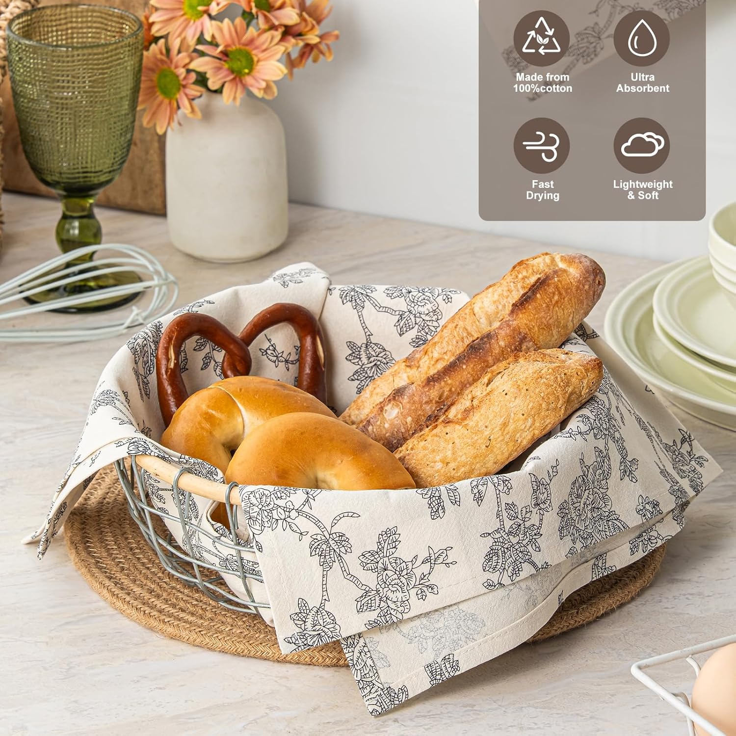 100% Cotton French Pastoral Kitchen Towels Set of 2, Decorative Flour Sack Tea Towels with Hanging Loop 18x25 Inch Absorbent Dish Cloths Farmhouse Home Decor, Black - Image 3