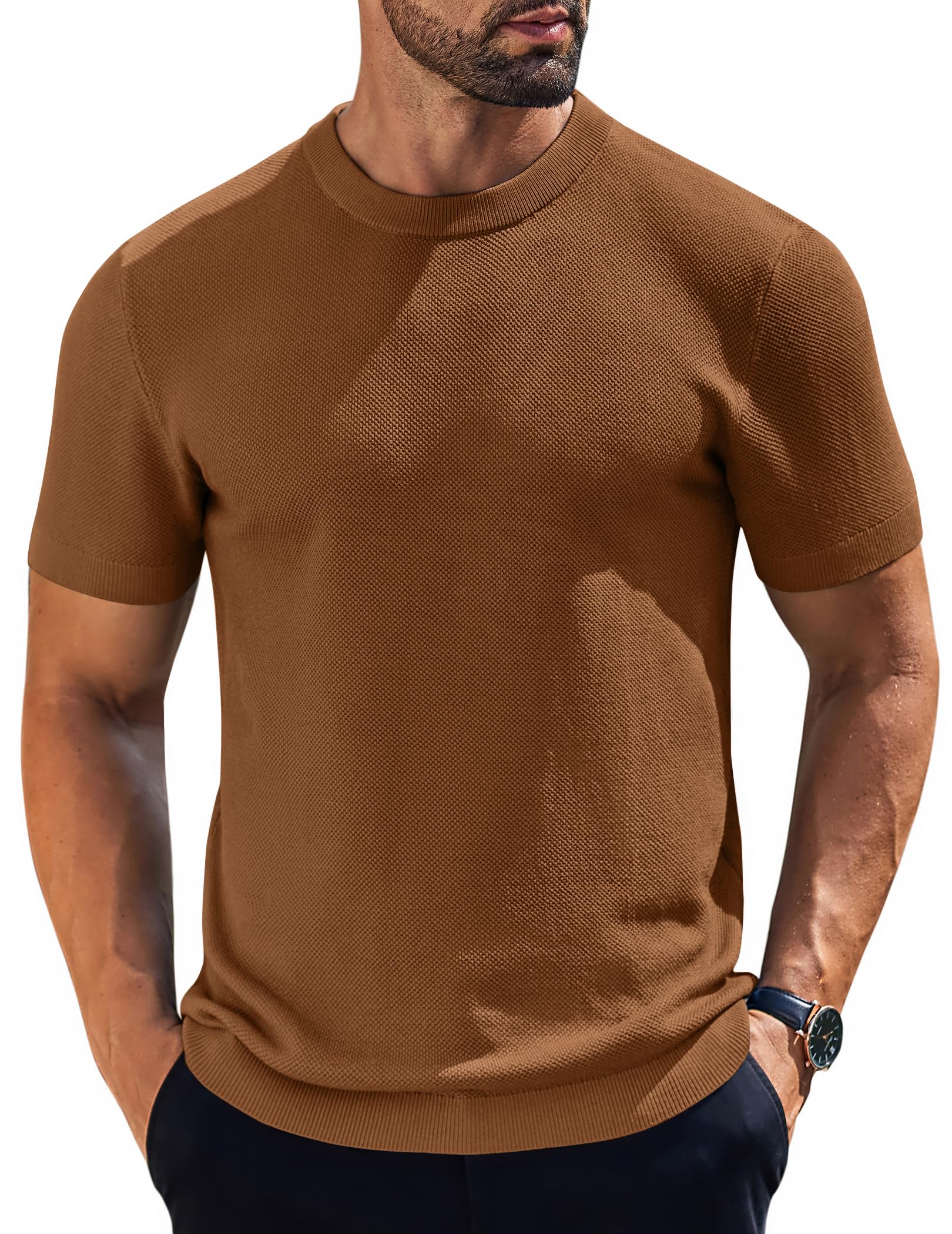 COOFANDY Men's Knit T-Shirts Short Sleeve Crewneck Shirt Casual Textured Pullover Tees