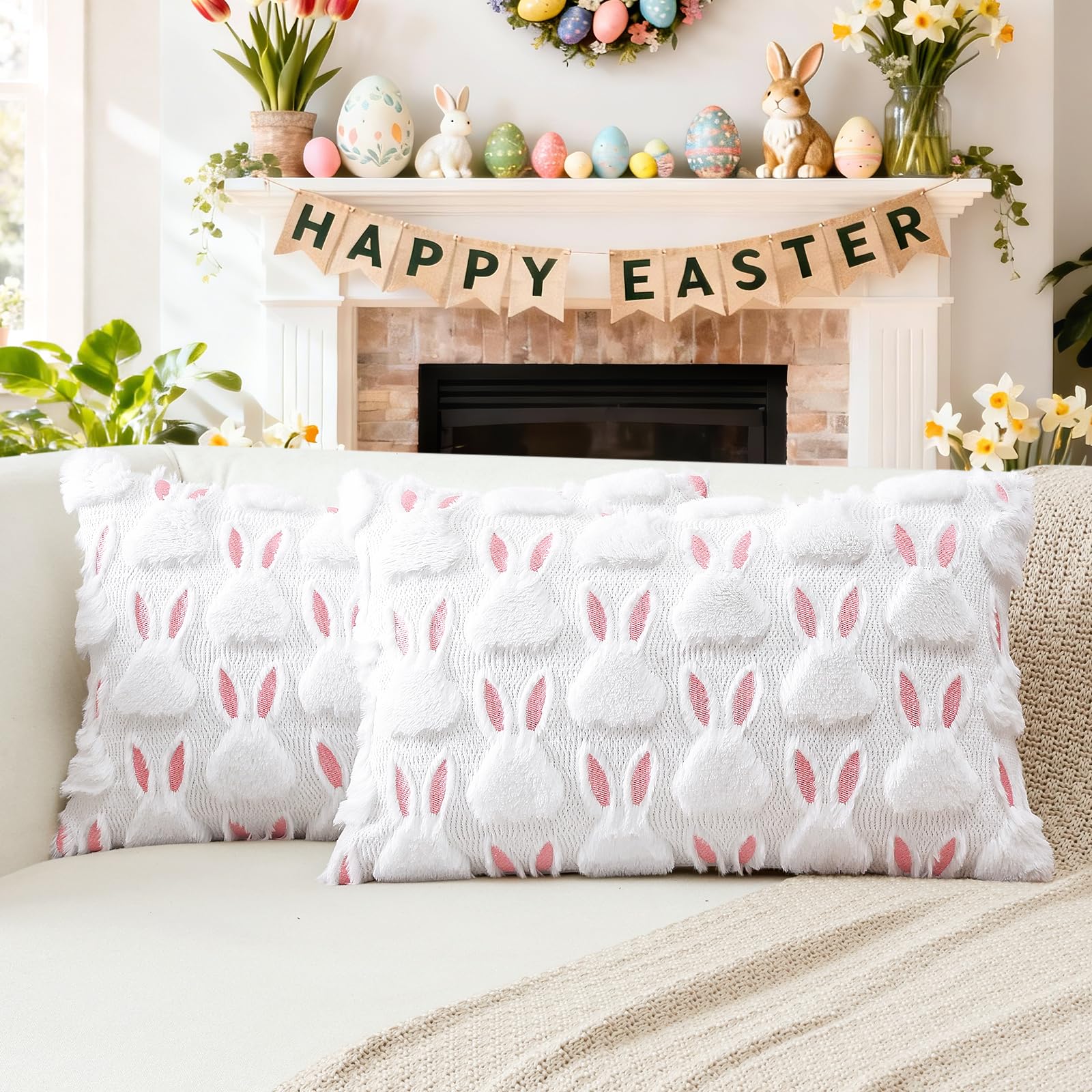 Artscope Set of 2 Easter Soft Plush Short Wool Velvet Decorative Cushion Covers Rectangular Happy Easter Cute Bunny Pillow Case Pillow Shell for Party Sofa Bedroom White, 40x60cm