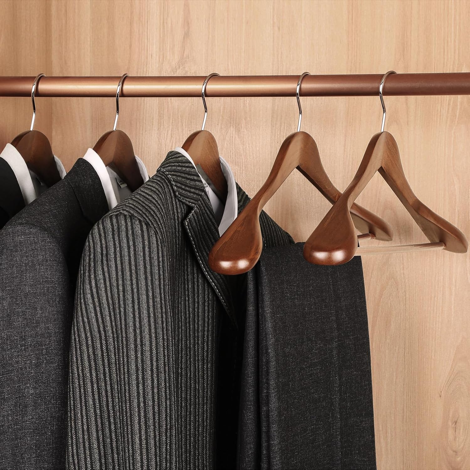 TOPIA HANGER Wide Shoulder Wooden Hangers, Suit Hangers with Non Slip Pants Bar & 360° Swivel Hook, Solid Wood Heavy Duty Coat Hanger, 6 Pack (Walnut)-CT02WA - Image 5