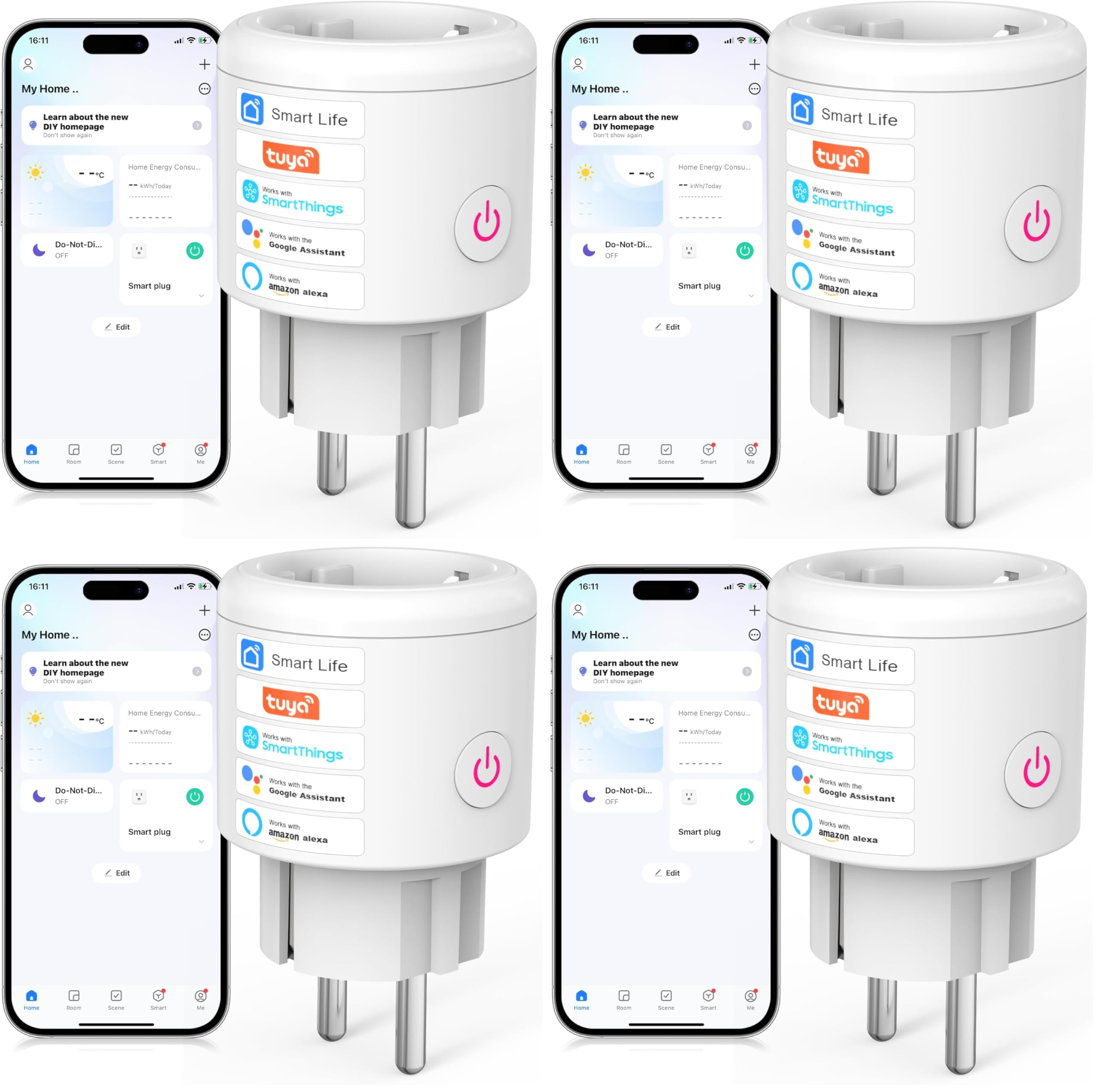 Prise Connectée Mini, 16A Intelligente Compact Prises, Compatible avec Alexa, Google Home, Contrôle à Distance, Mesure de Consommation Électrique, Contrôle Vocal, Fonction de Temps (Lot de 4)