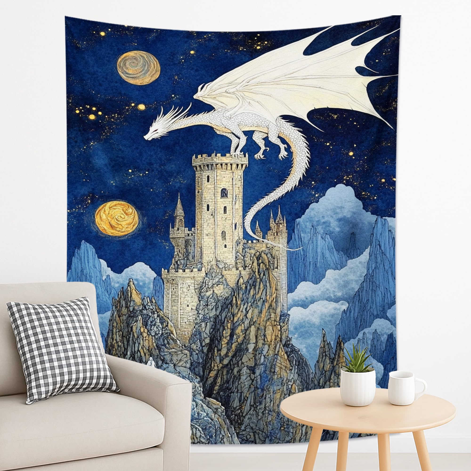 Celestial Dragon White Tapestry, Mystic Castle Blue Night Wall Hanging, Fantasy Tapestries Aesthetic for Bedroom, Living Room, Dorm 70x90 Inch