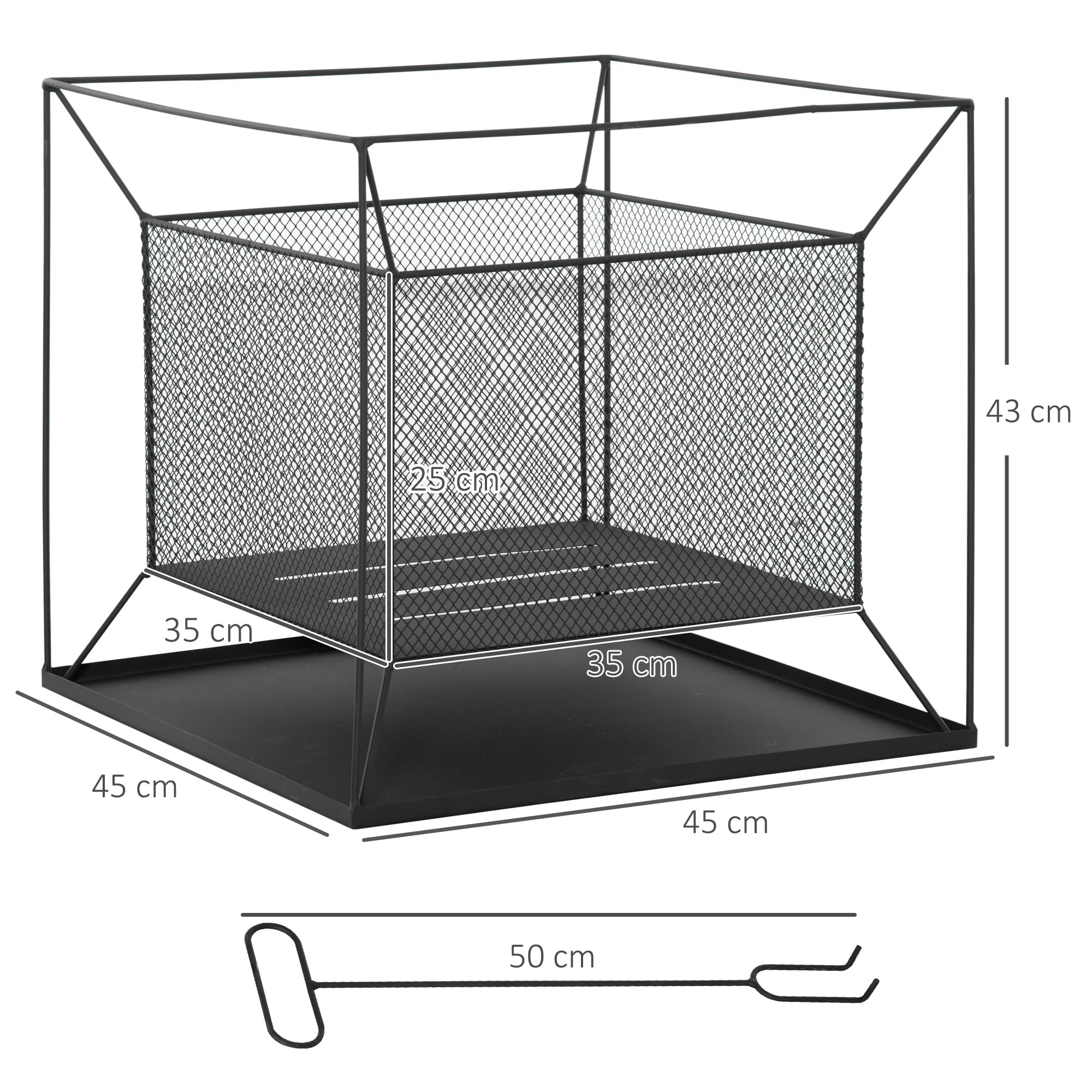 Outsunny Feuerschale Modern Feuerkorb Metall 45 x 45 x 43 cm Schwarz | Rechteckig, Feuerstelle, für Garten, Camping, BBQ