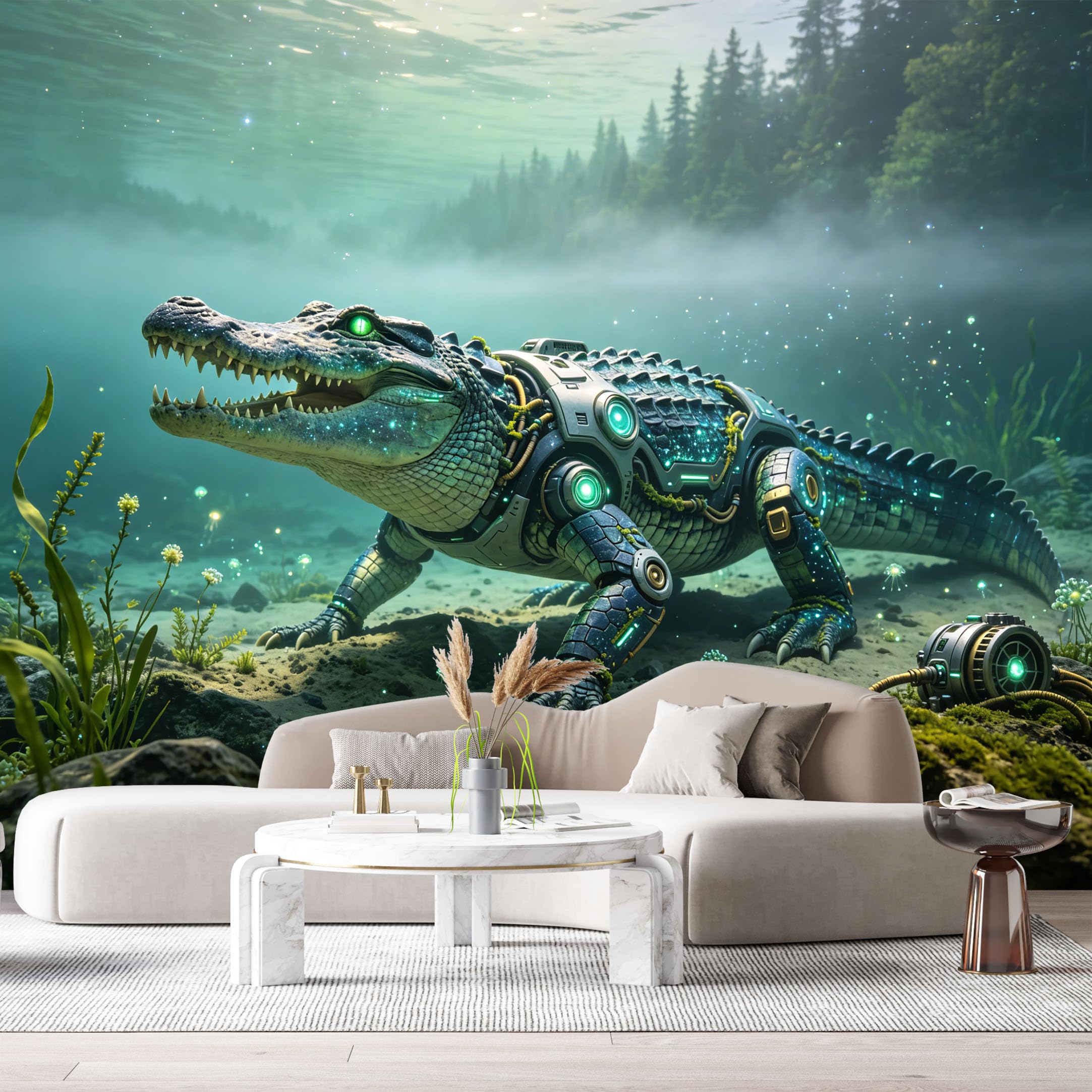 Custom Size Wall Mural Cybernetic Alligator Mech Futuristic Robot Reptile SciFi Armor Neon Mechanical Creature SelfAdhesive Art Prints Removable Large Wallpaper Esports Room Game Room Studio